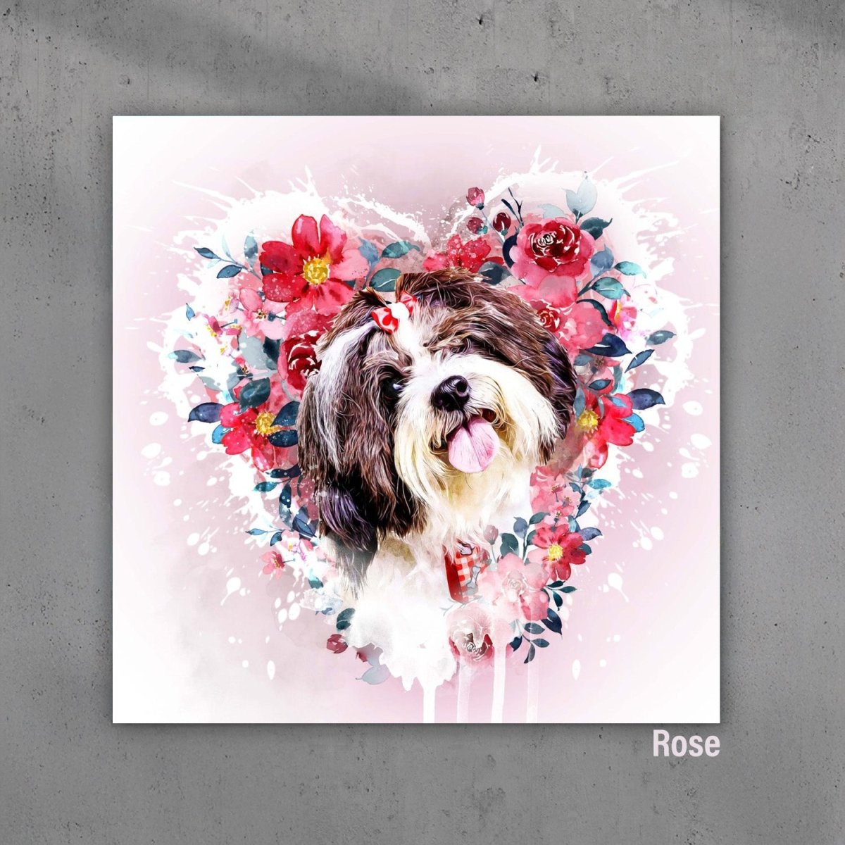 Custom watercolor style pet portrait poster featuring a poodle in a modern floral rose with heart design.