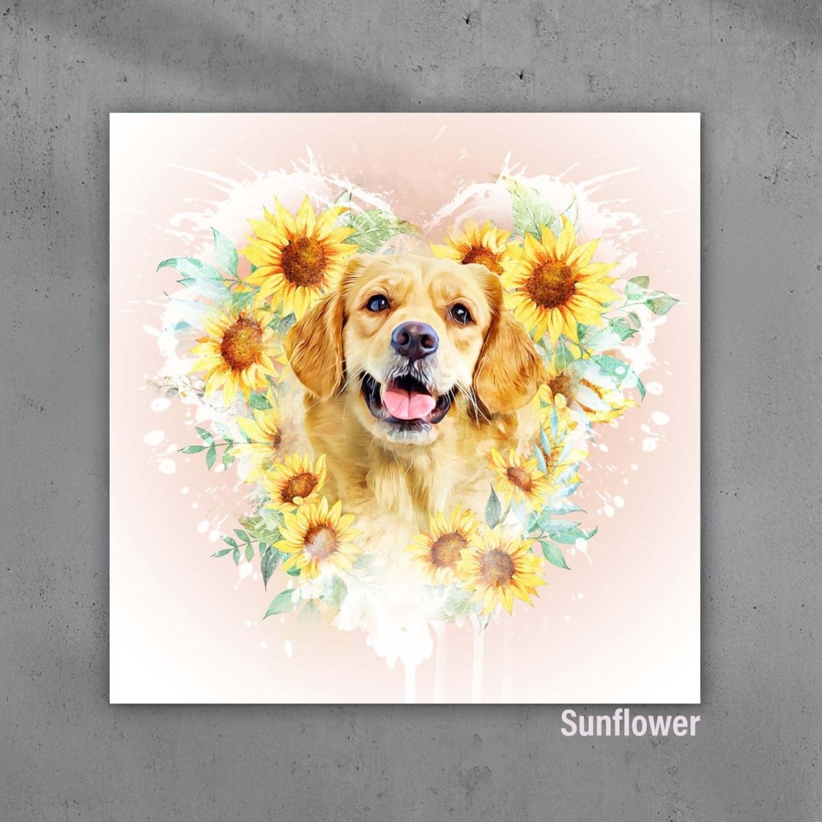Custom watercolor style pet portrait poster featuring a golden retriever in a modern floral sunflower with heart design.