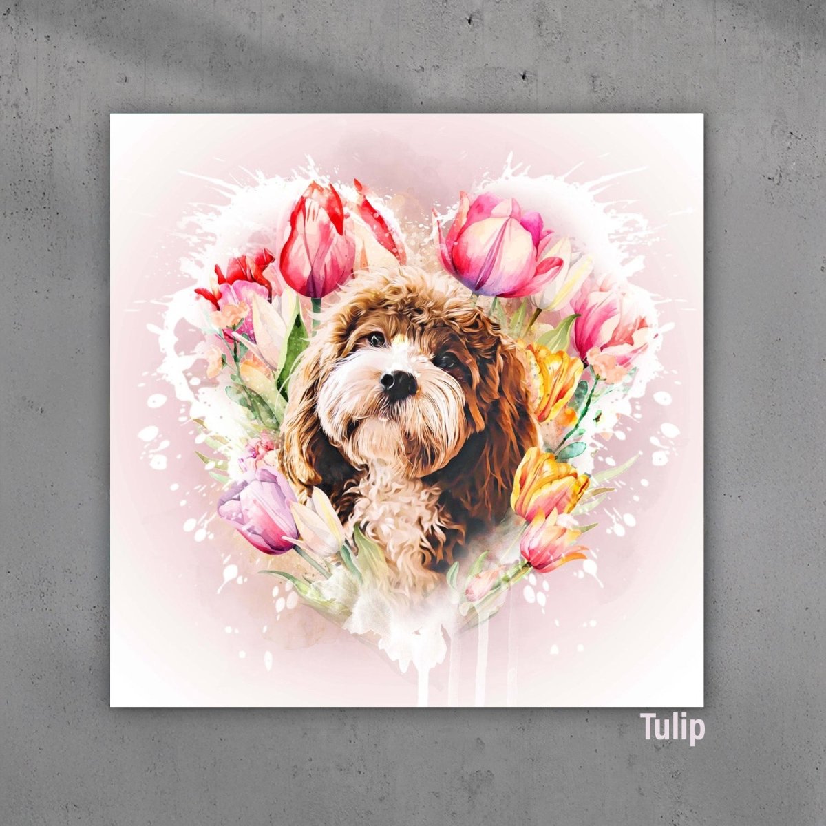 Custom watercolor style pet portrait poster featuring a poodle in a modern floral tulip with heart design.