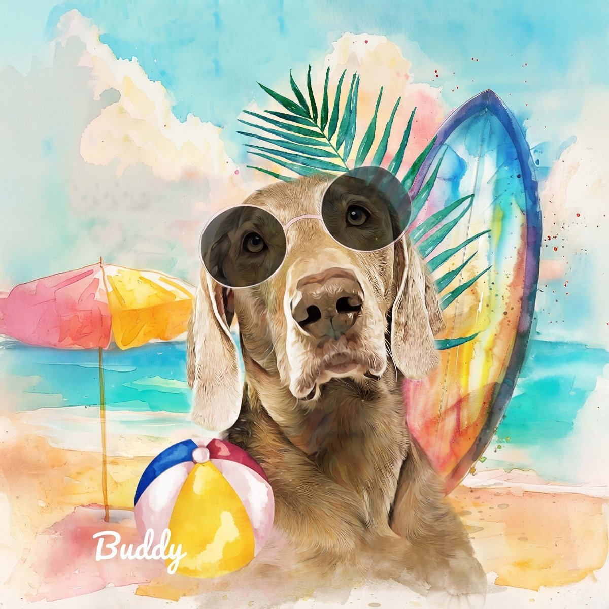 Custom watercolor style pet portrait poster featuring a dog in a fun beach side design.