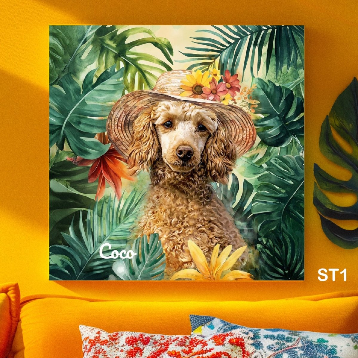 Custom watercolor style pet portrait poster featuring a poodle in a modern floral SummerTime aesthetic.