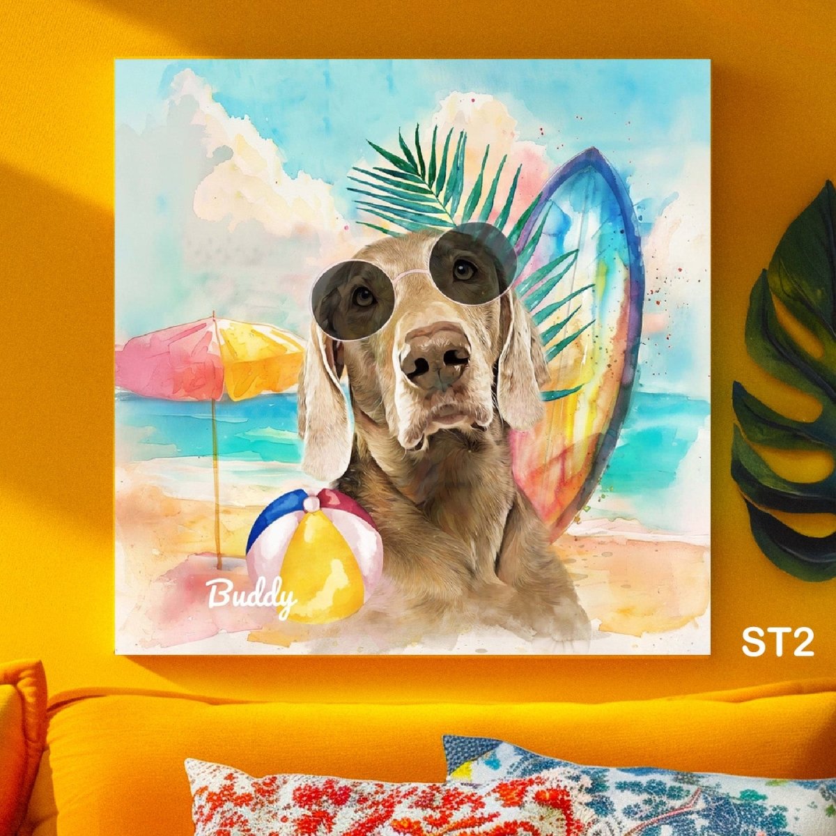 Custom watercolor style pet portrait poster featuring a dog in a fun beach side design.