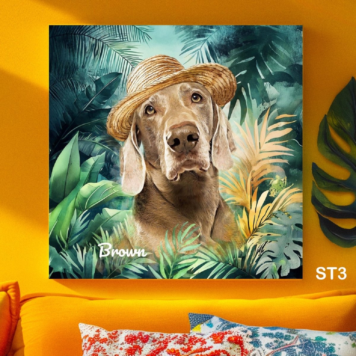 Custom watercolor style pet portrait poster featuring a poodle in a modern nature design.