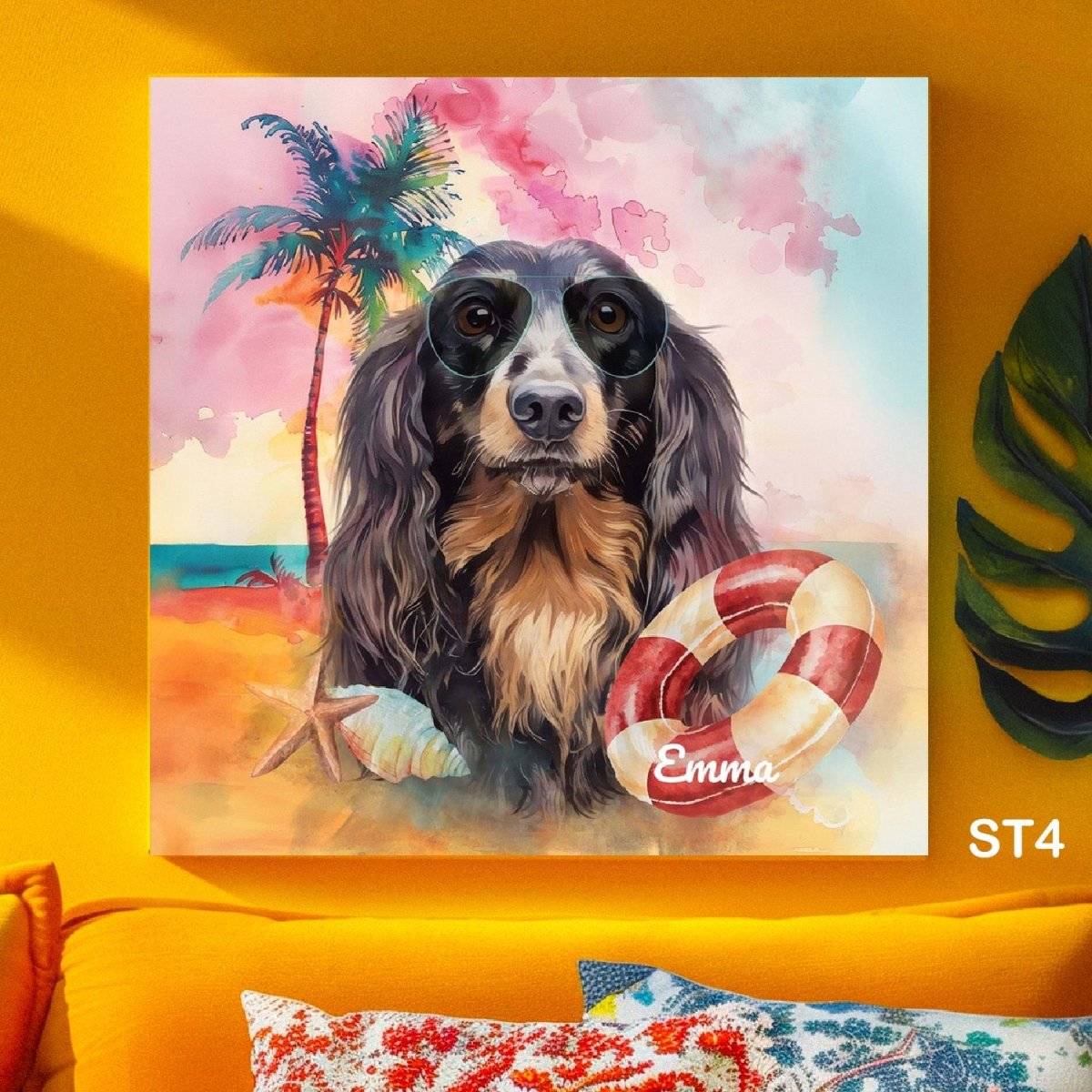 Custom watercolor style pet portrait poster featuring a dachshund in a fun beach side design.
