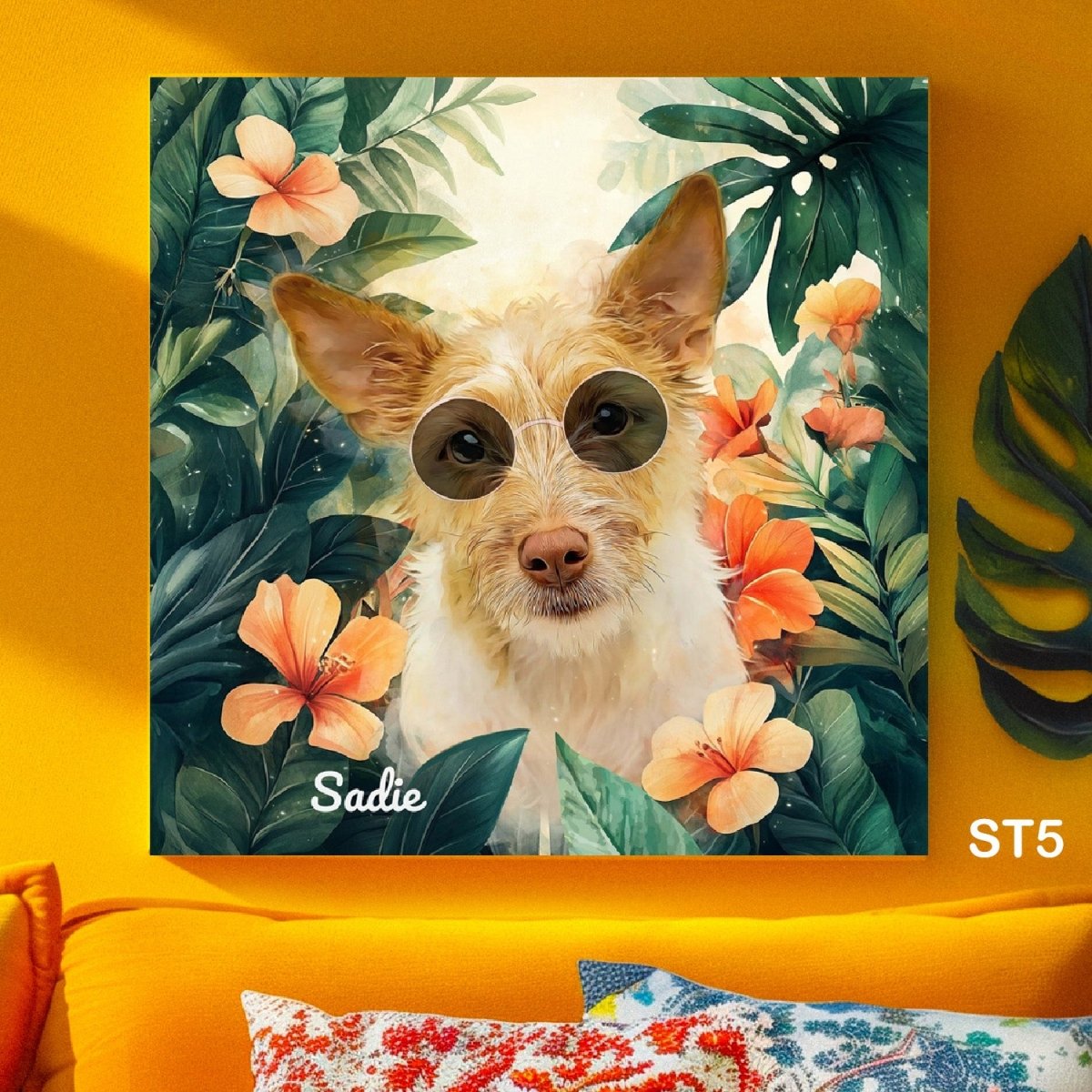 Custom watercolor style pet portrait poster featuring a dog in a modern nature design.