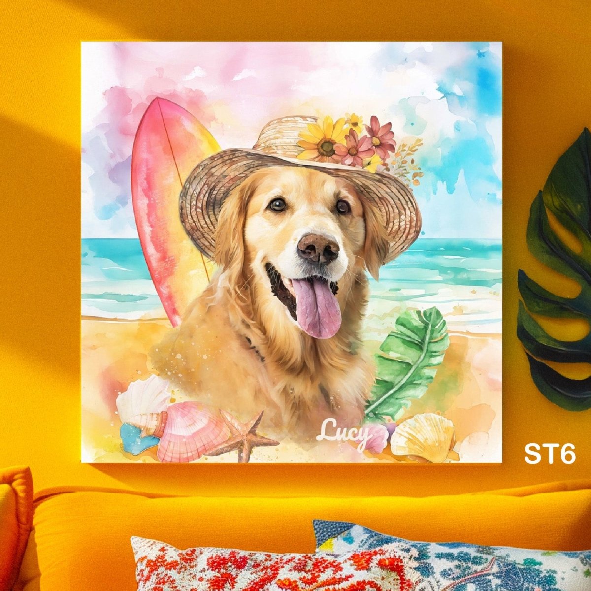 Custom watercolor style pet portrait poster featuring a golden retriever in a fun beach side design.