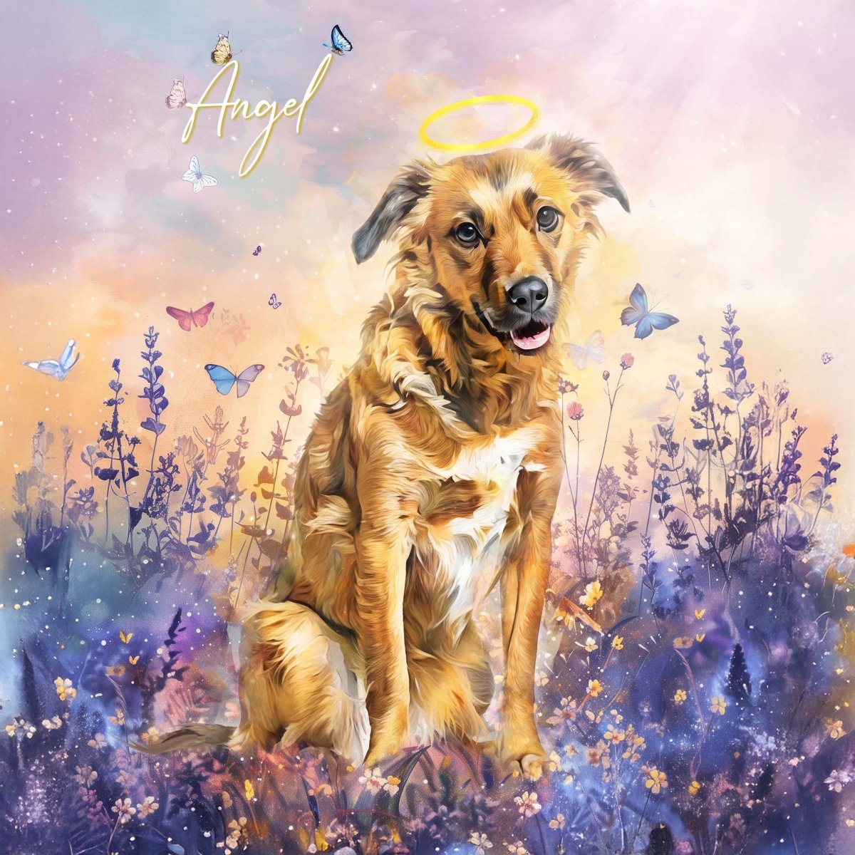 Custom watercolor style pet portrait featuring a retriever in a memorial "The Eternal" aesthetic