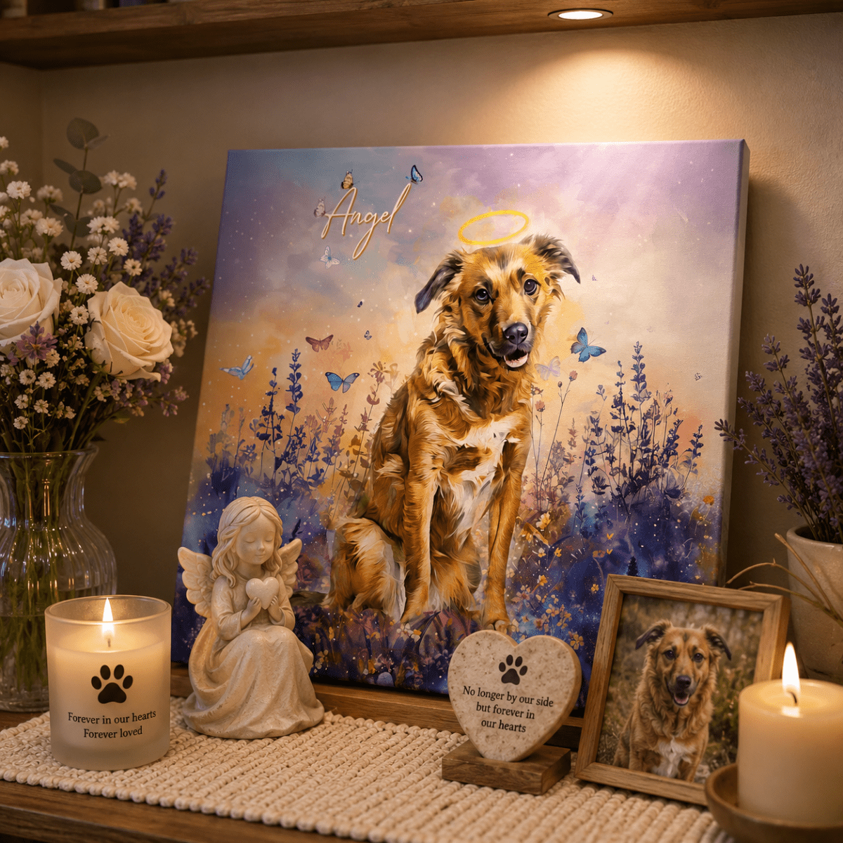 Custom watercolor style pet portrait canvas featuring a retriever in a memorial 