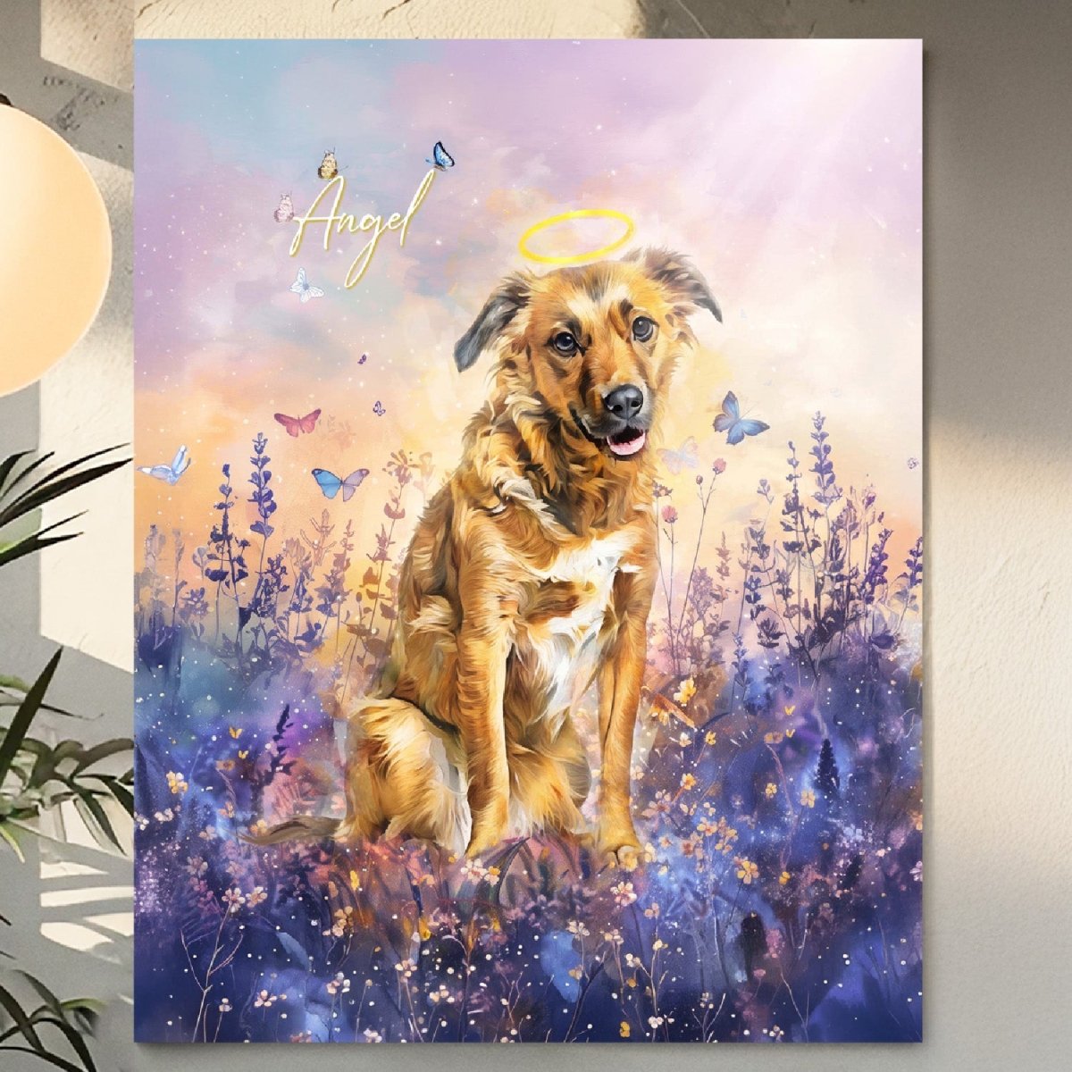 Custom watercolor style pet portrait poster featuring a retriever in a memorial "The Eternal" aesthetic