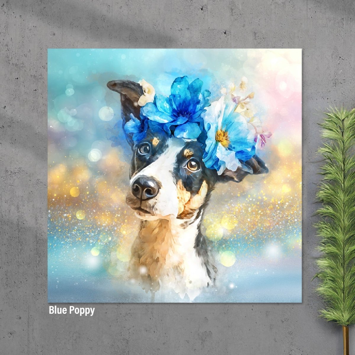 Custom watercolor style pet portrait poster featuring a terrier in a modern blue poppy design