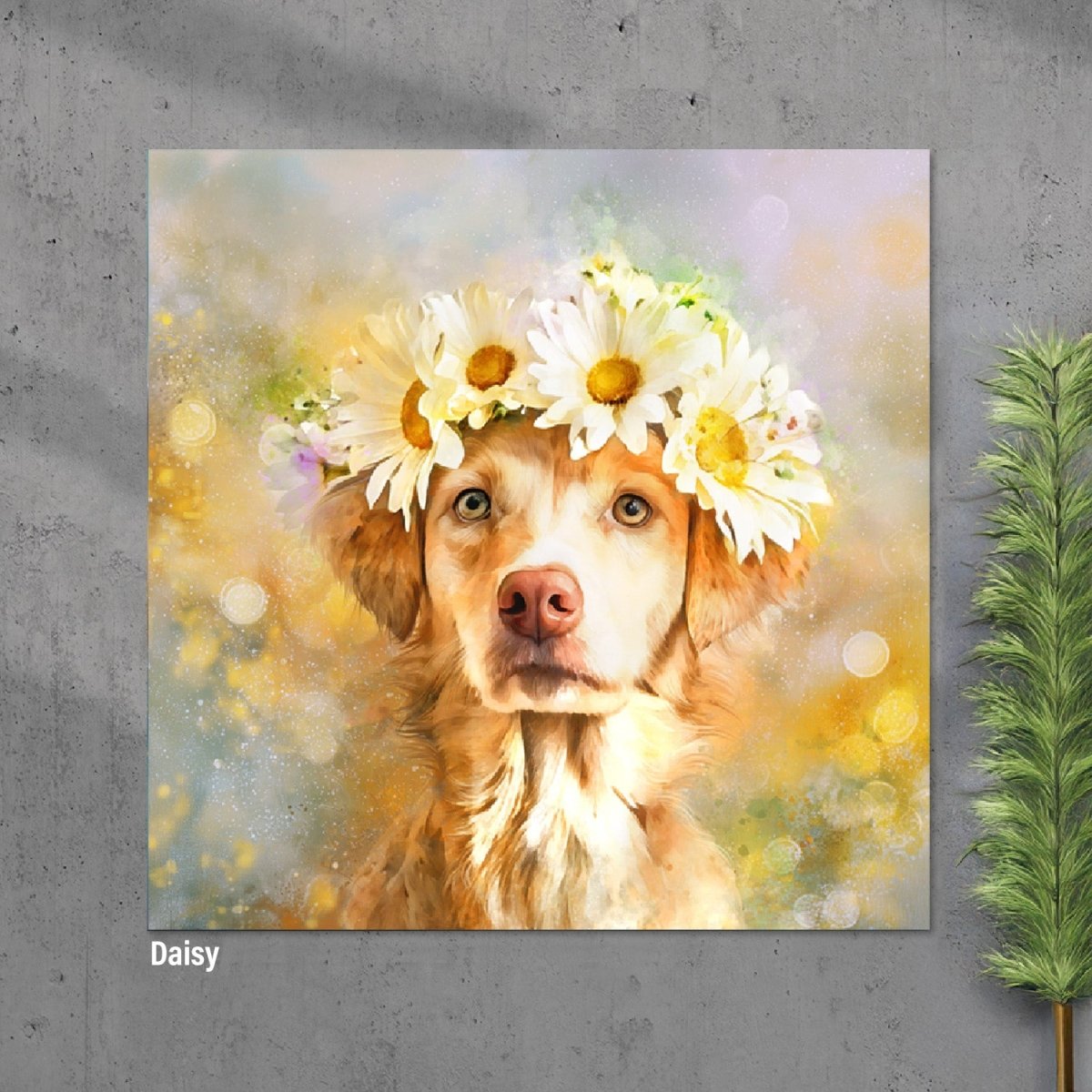 Custom watercolor style pet portrait poster featuring a retriever in a modern daisy design
