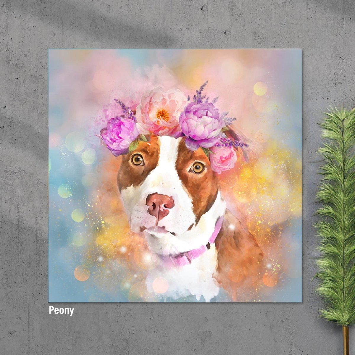 Custom watercolor style pet portrait poster featuring a bulldog in a modern peony design