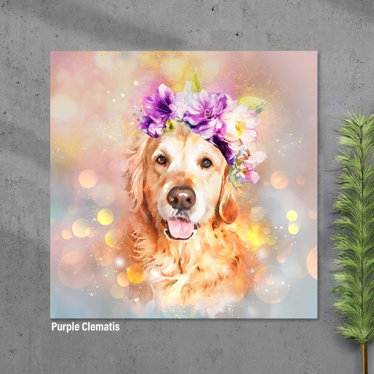 Custom watercolor style pet portrait poster featuring a retriever in a modern clematis design