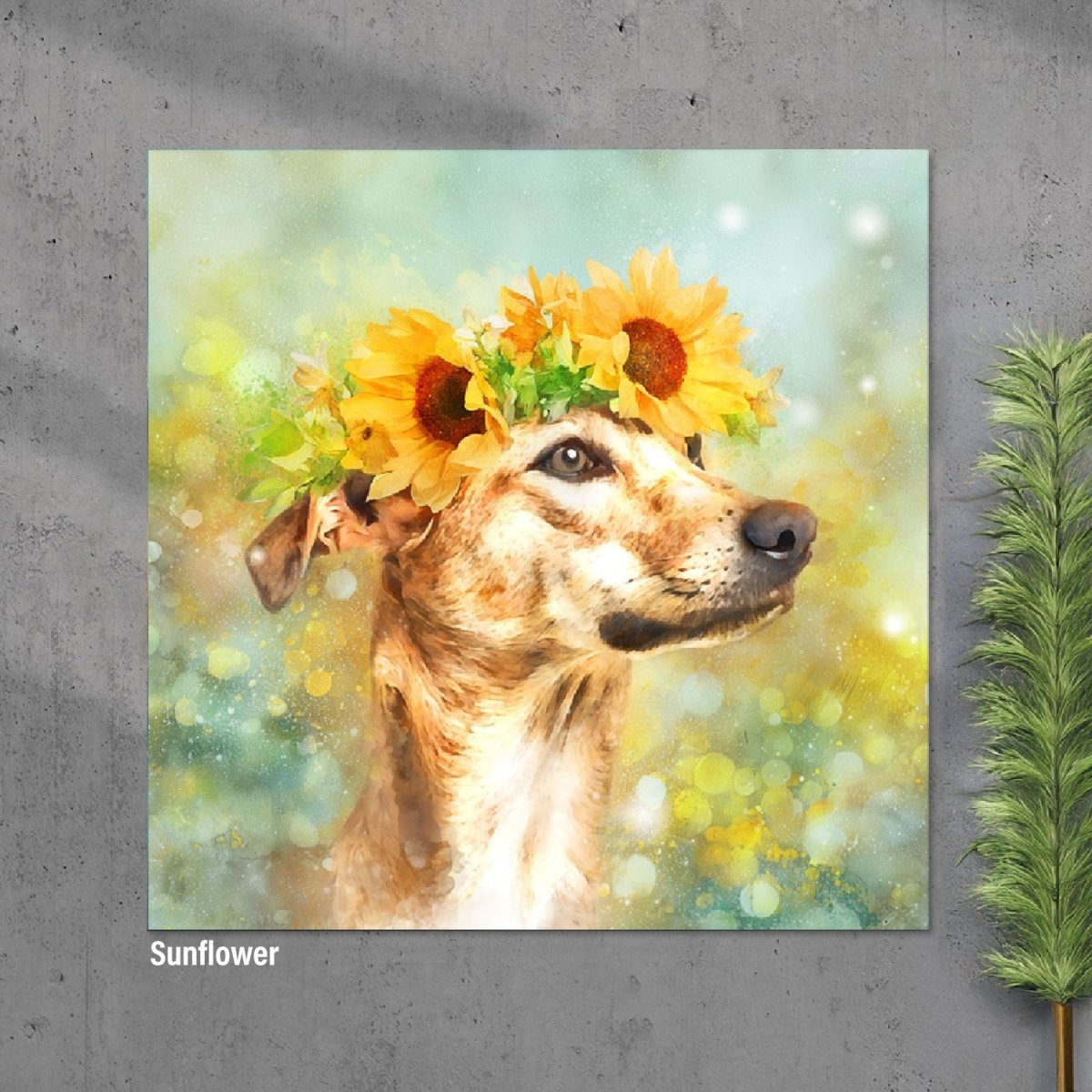 Custom watercolor style pet portrait poster featuring a terrier in a modern Sunflower design