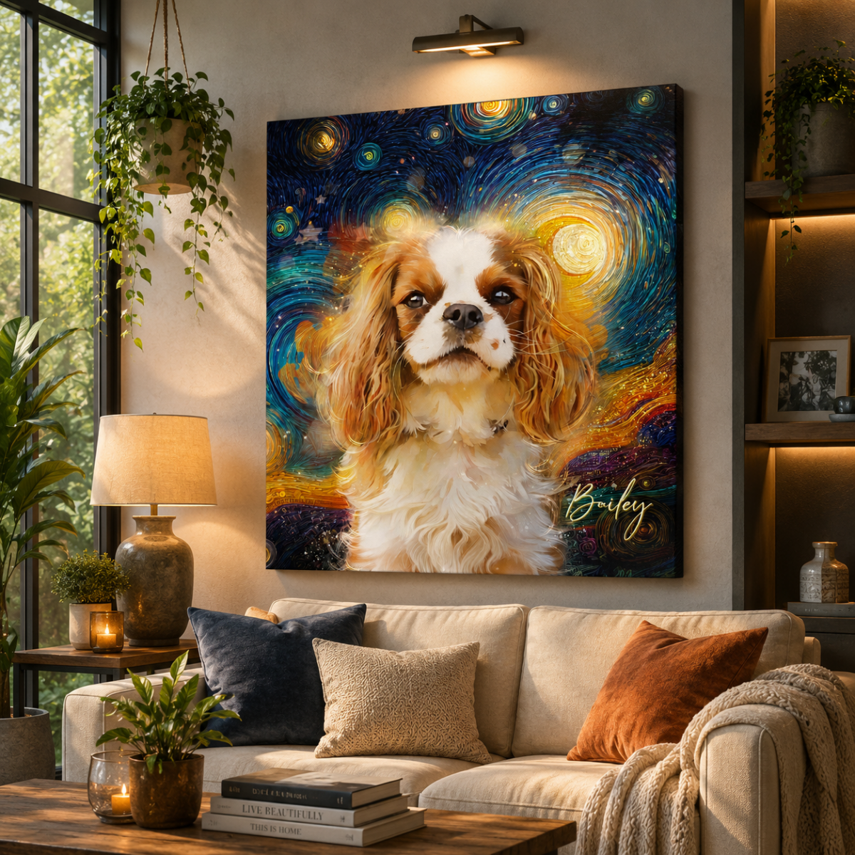 Custom watercolor style pet portrait canvas featuring a English Spaniel in a fantasy aesthetic.