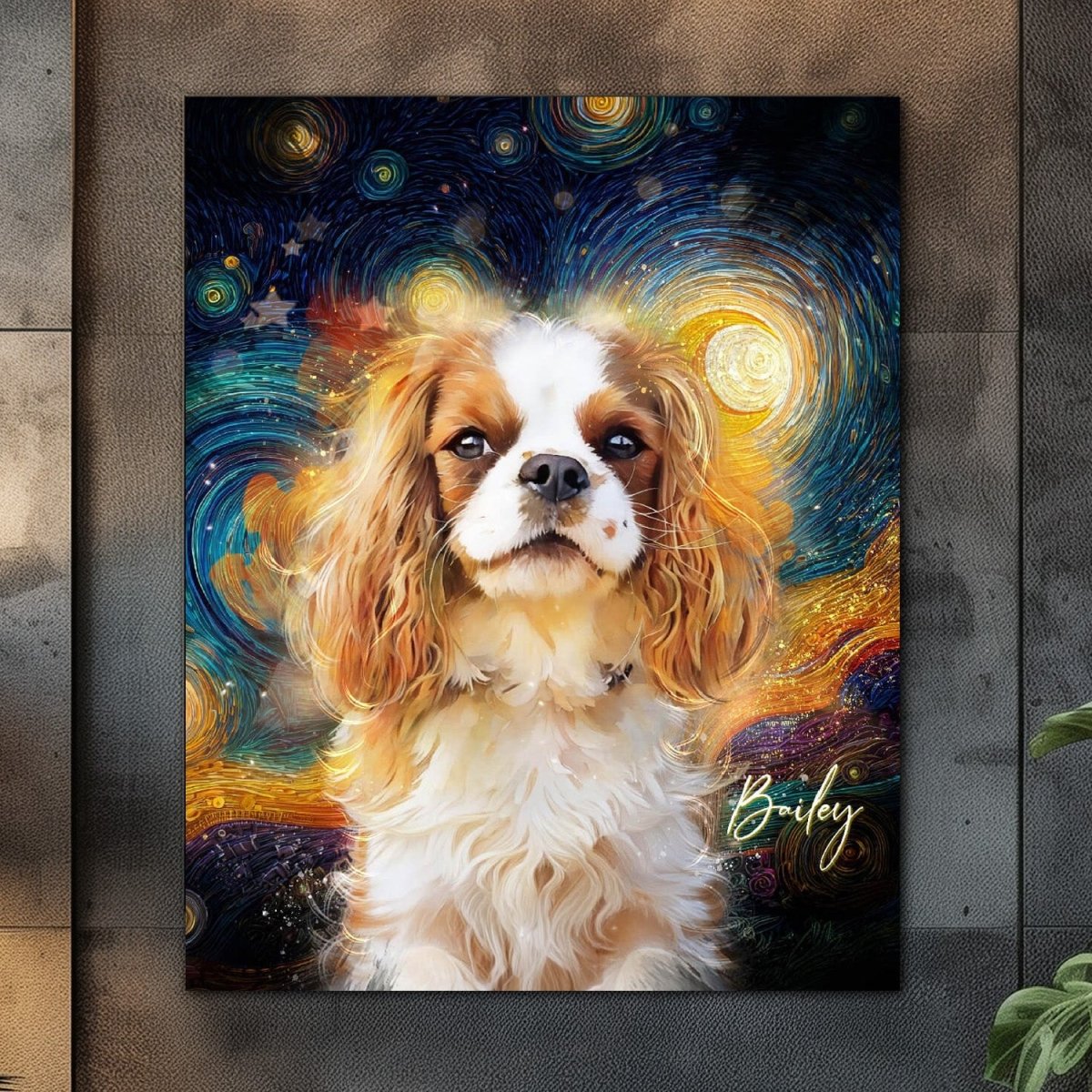 Custom watercolor style pet portrait poster featuring a English Spaniel in a fantasy aesthetic.
