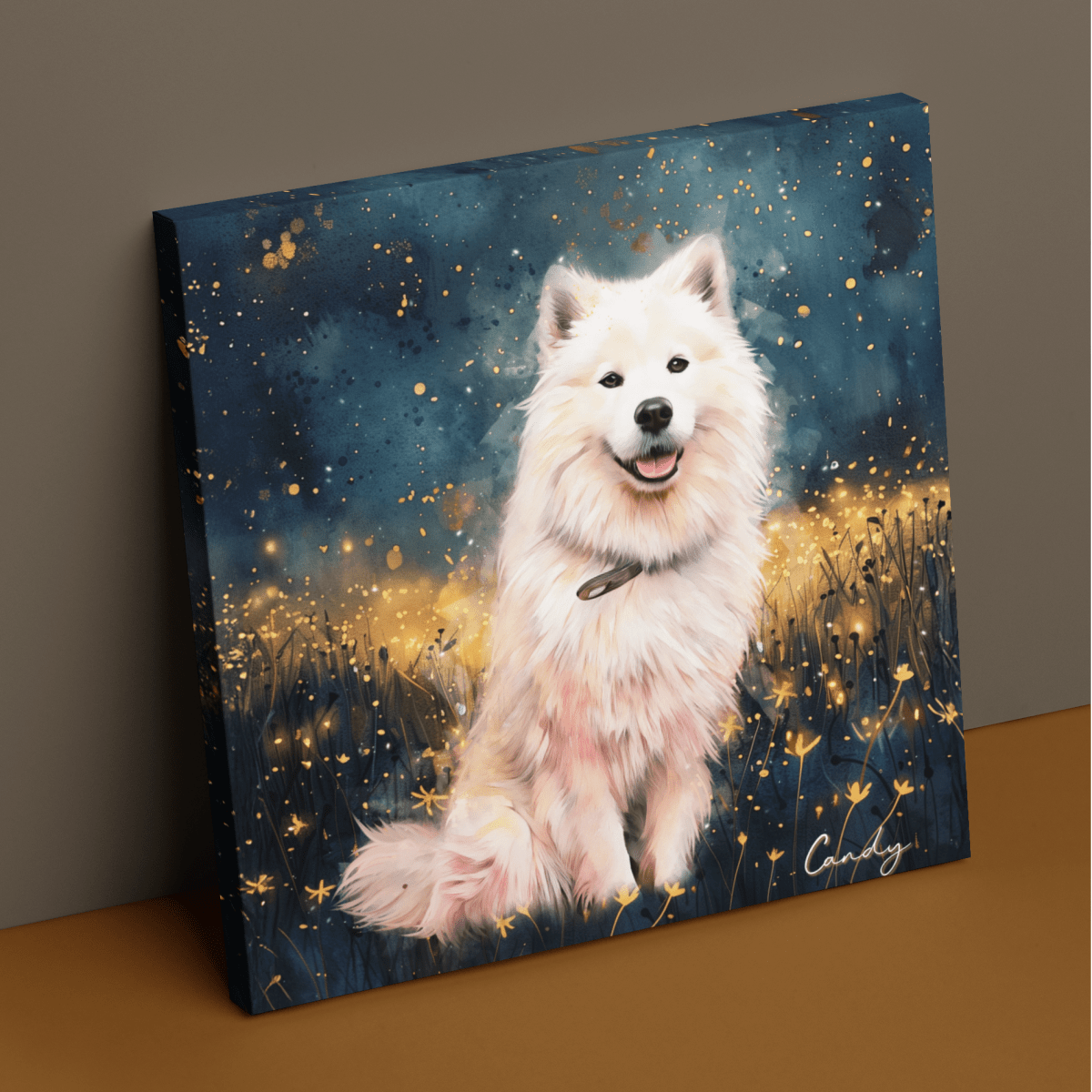 Custom watercolor style pet portrait canvas featuring a Samoyed in a memorial style "The Celestial"