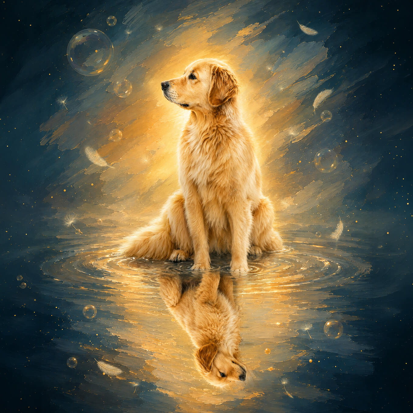 A golden retriever sits in reflective water under a glowing golden light, with bubbles, feathers, and a dark blue starry background. The dog's reflection is visible in the water below.