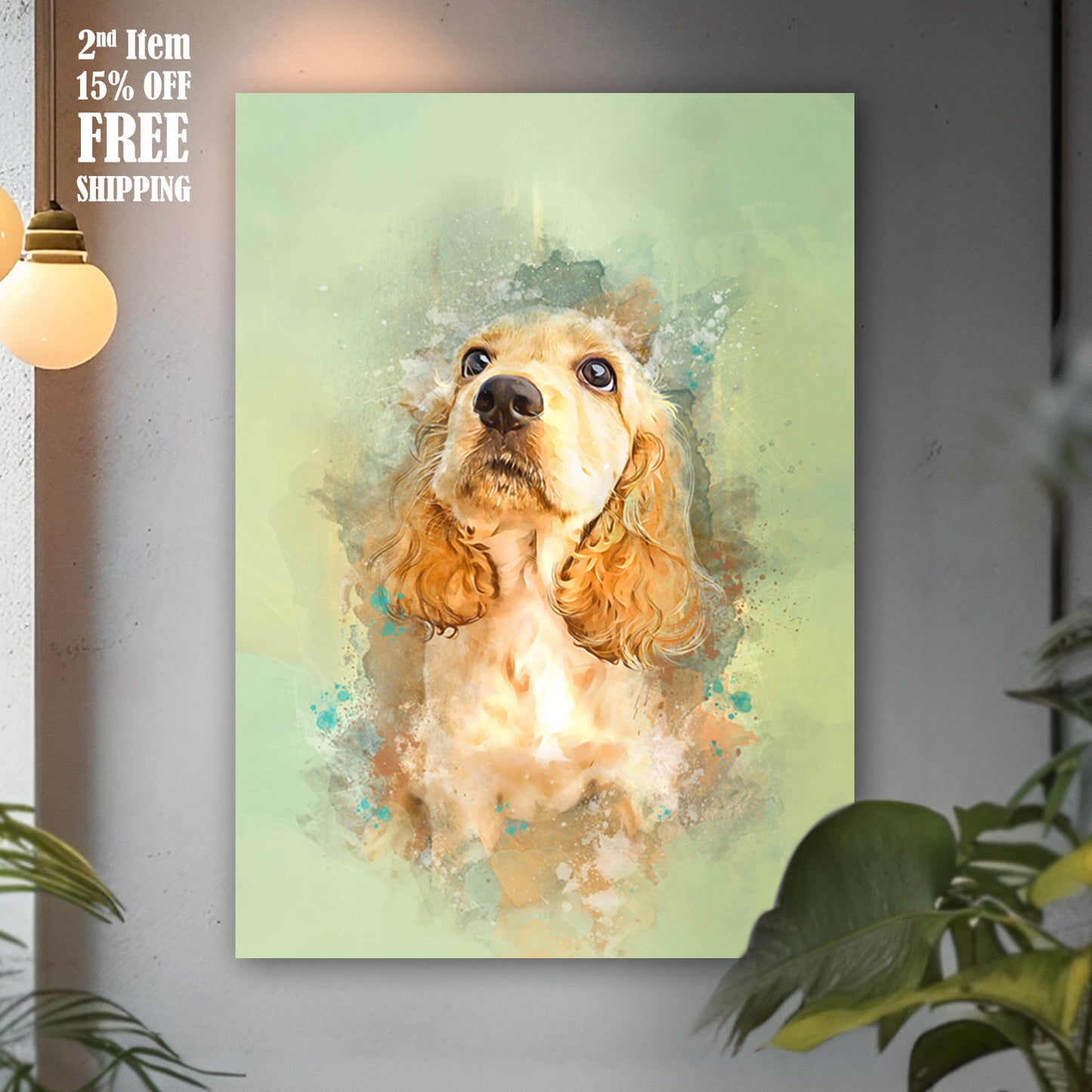 Canvas print of a dog's face on a wall with promotional text.