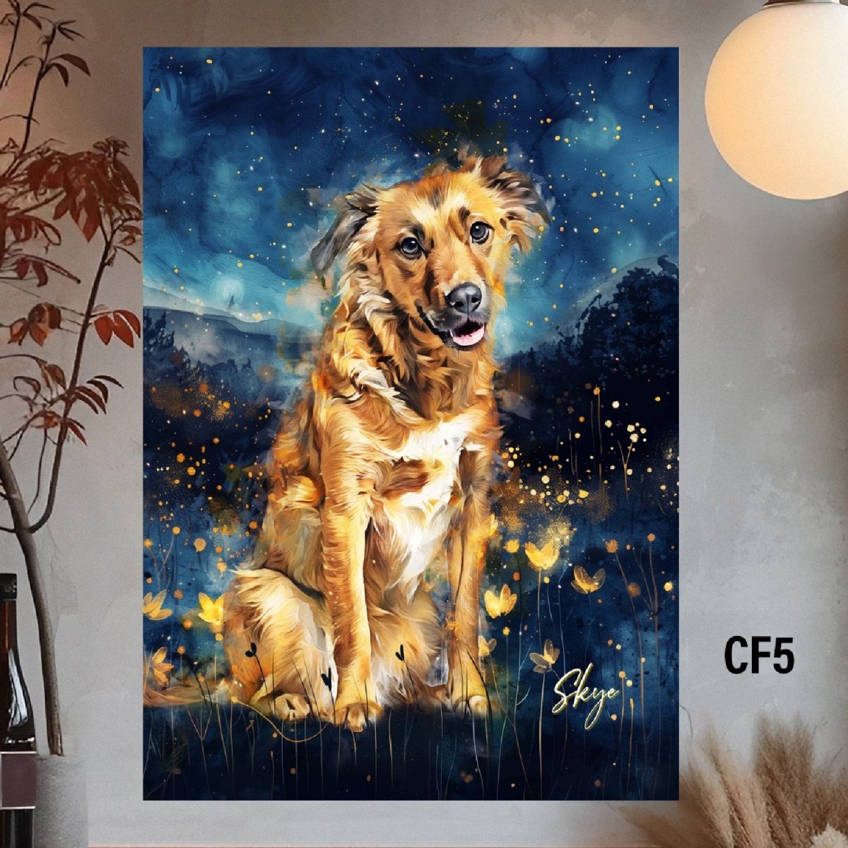 Custom watercolor style pet portrait poster featuring a mixed-breed dog in a memorial style 