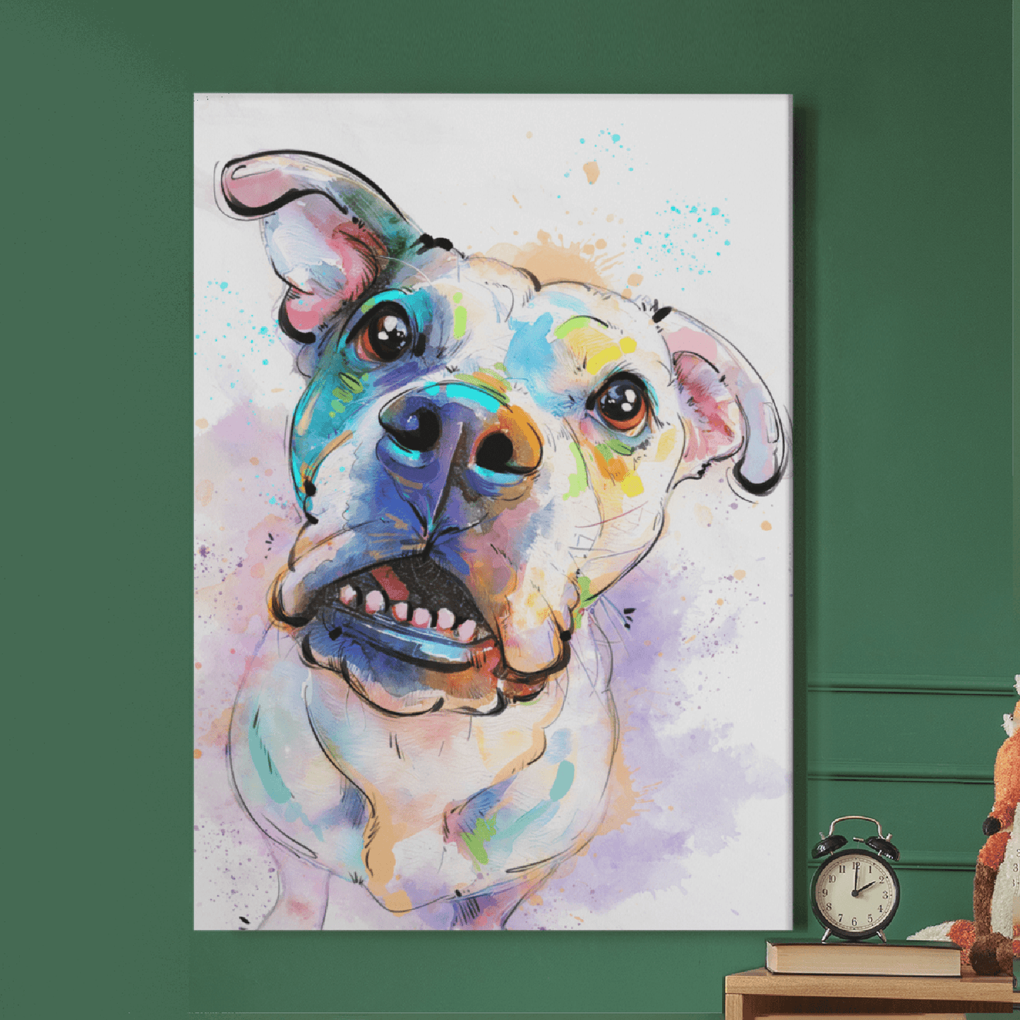 Colorful painting of a dog's face on a wall with a clock and books below.