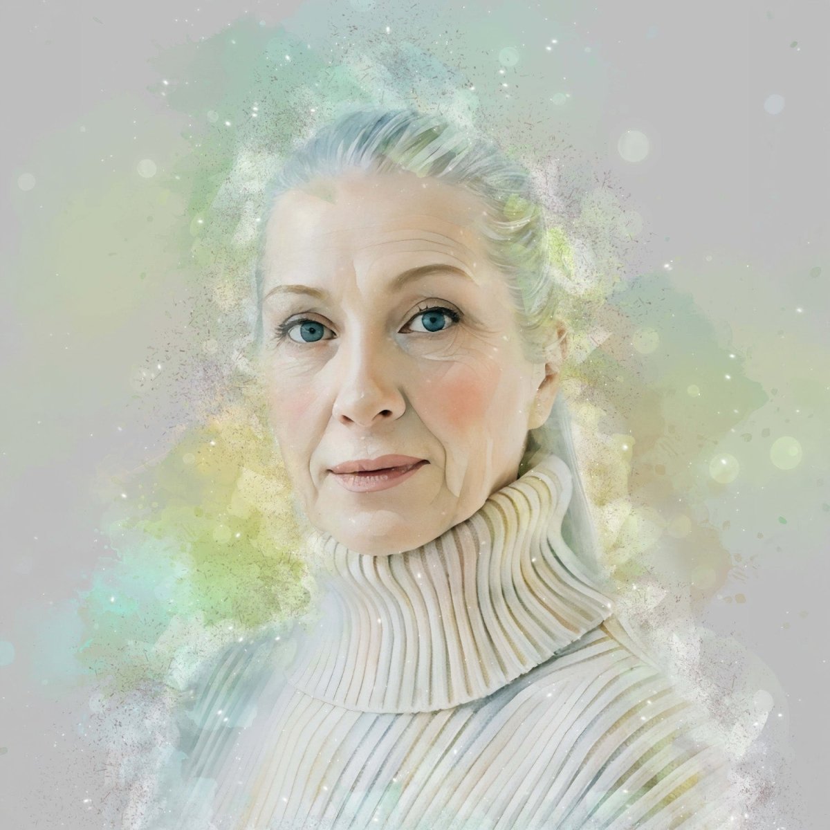 Custom watercolor style portrait  featuring a woman in a modern watercolor aesthetic.