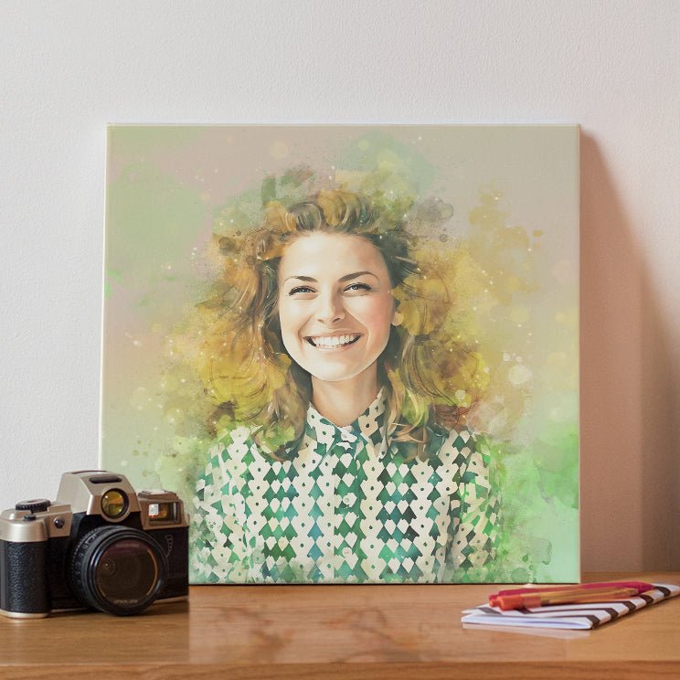 Custom watercolor style portrait canvas featuring a woman in a modern watercolor aesthetic.