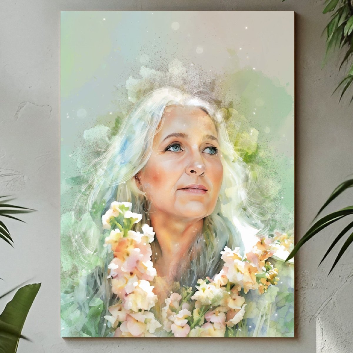 Custom watercolor style portrait poster featuring a woman in a modern watercolor aesthetic.