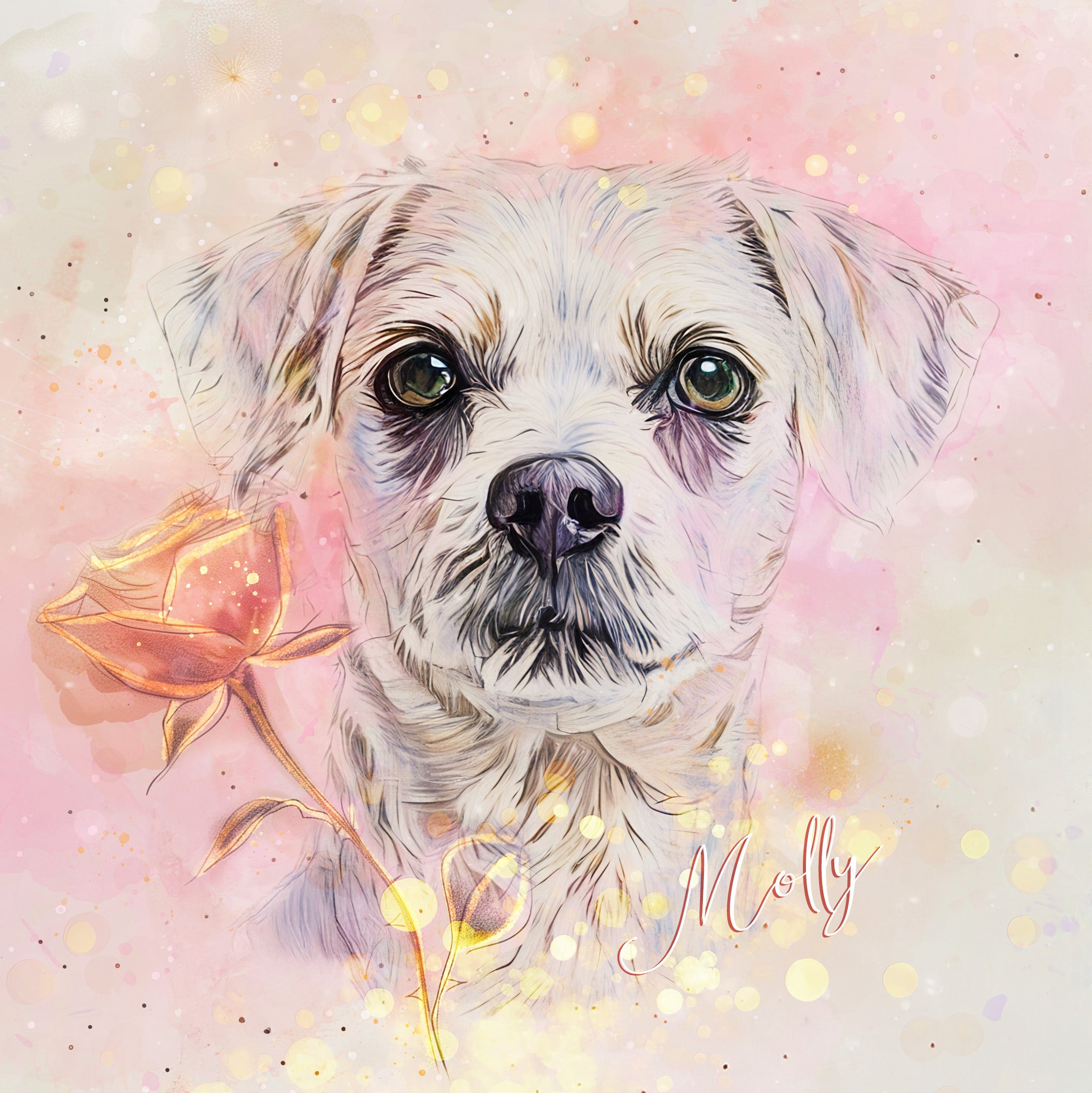 custom watercolor pet portrait of Rose Whispers style in soft neutral colors