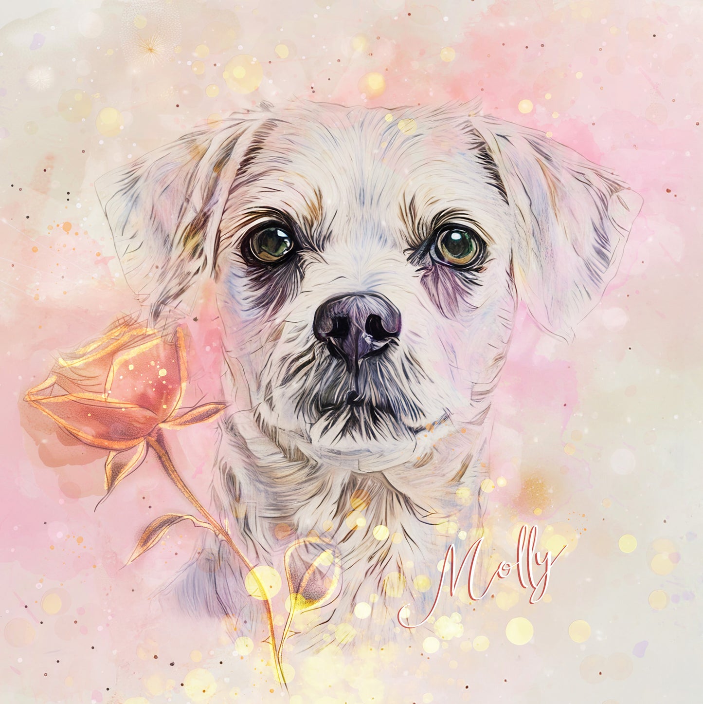 custom watercolor pet portrait of Rose Whispers style in soft neutral colors