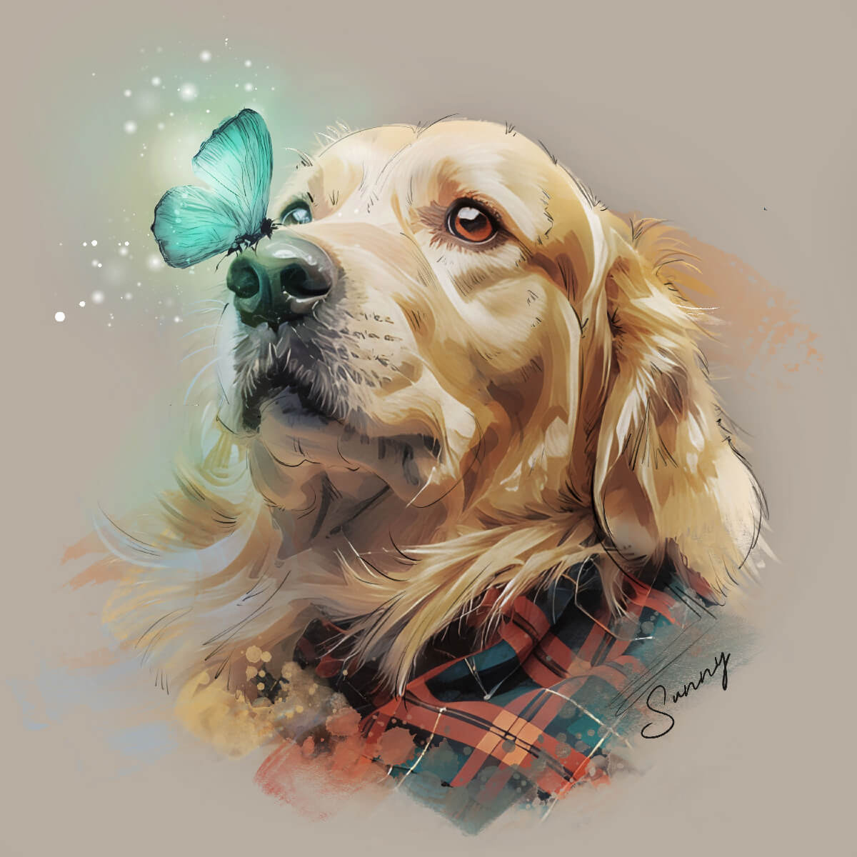 Custom watercolor style pet portrait featuring a golden retriever in a modern glowing butterfly design.