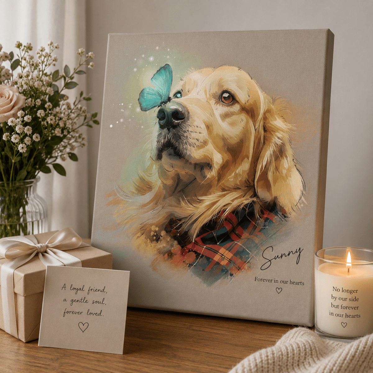 Custom watercolor style pet portrait canvas featuring a golden retriever in a modern glowing butterfly design.