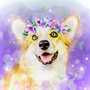 Floral style corgi dog art watercolor pet portrait