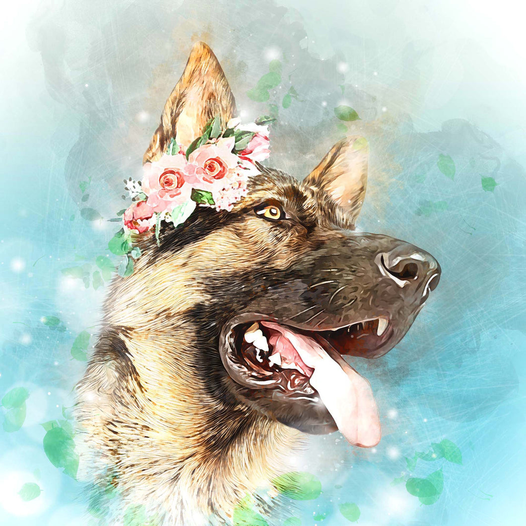 Floral style german shepherd dog art watercolor pet portrait