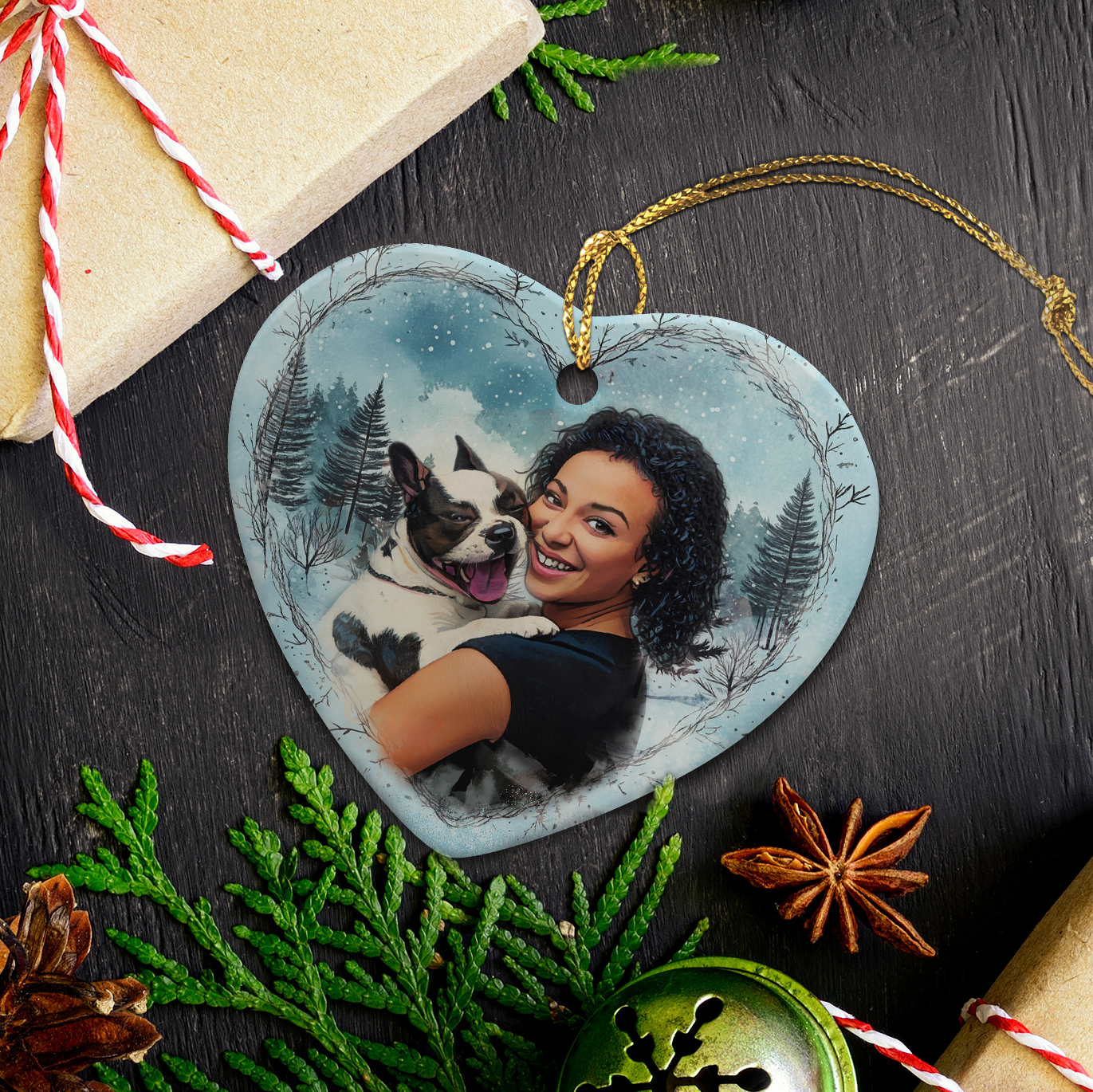 Heart-shaped ornament with a woman and dog in a forest design, surrounded by Christmas decorations on a dark surface.
