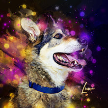 Load image into Gallery viewer, husky custom watercolor pet portrait of aesthetic neon style in vibrant neon colors