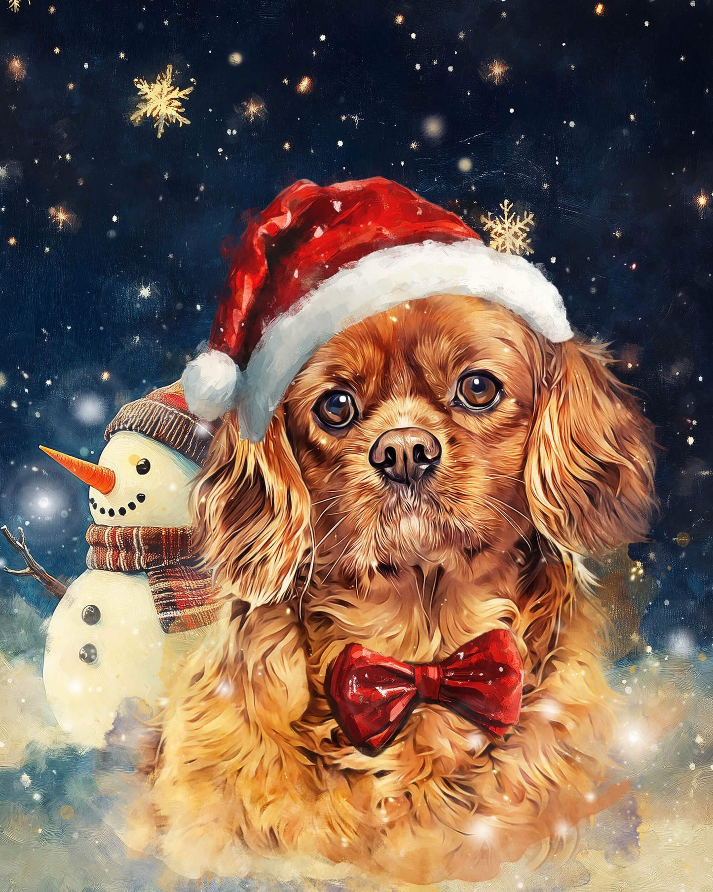 Dog wearing a Santa hat and bow tie with a snowman and snowy background