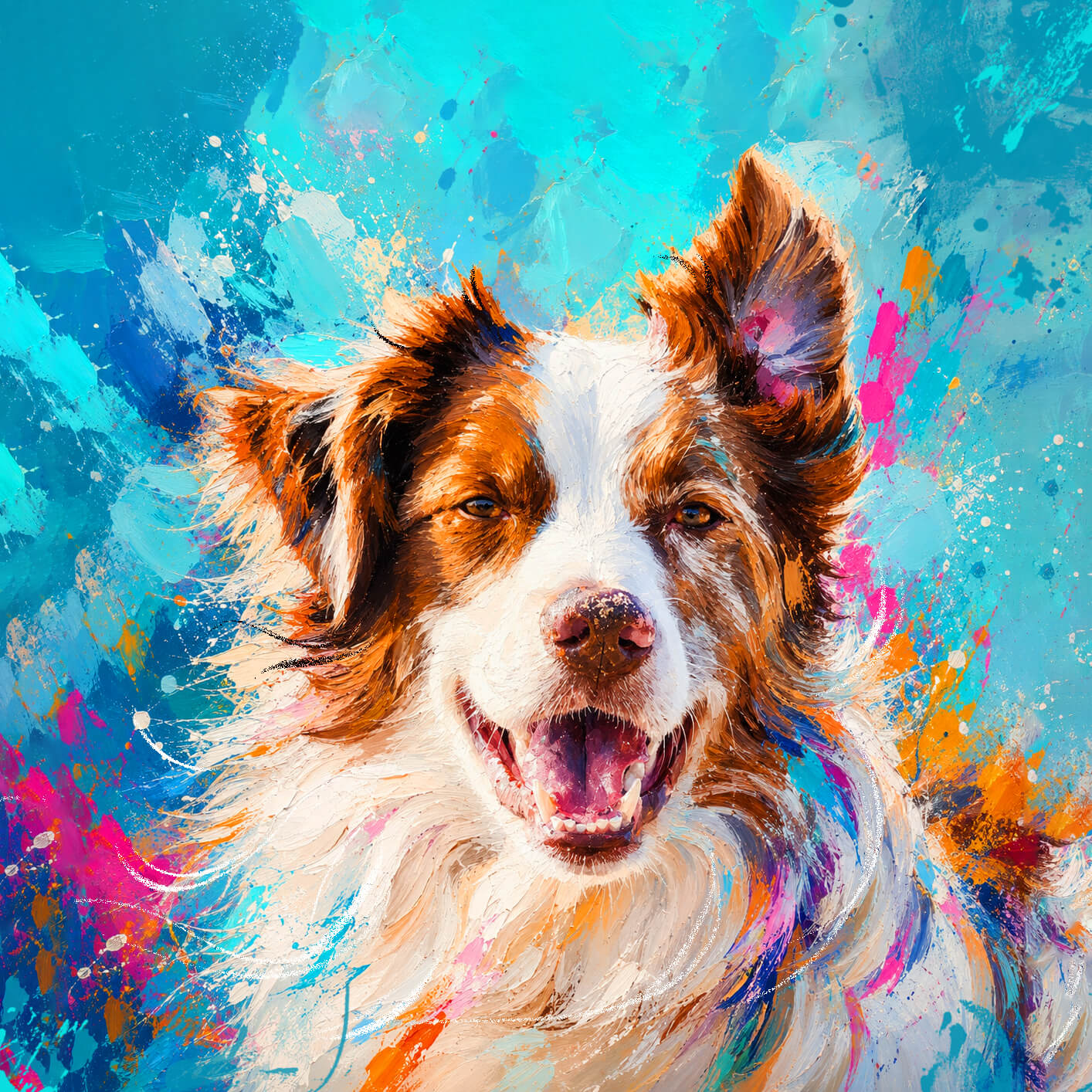 Vibrant digital painting of a happy brown and white dog with colorful paint splatters on a bright turquoise background.