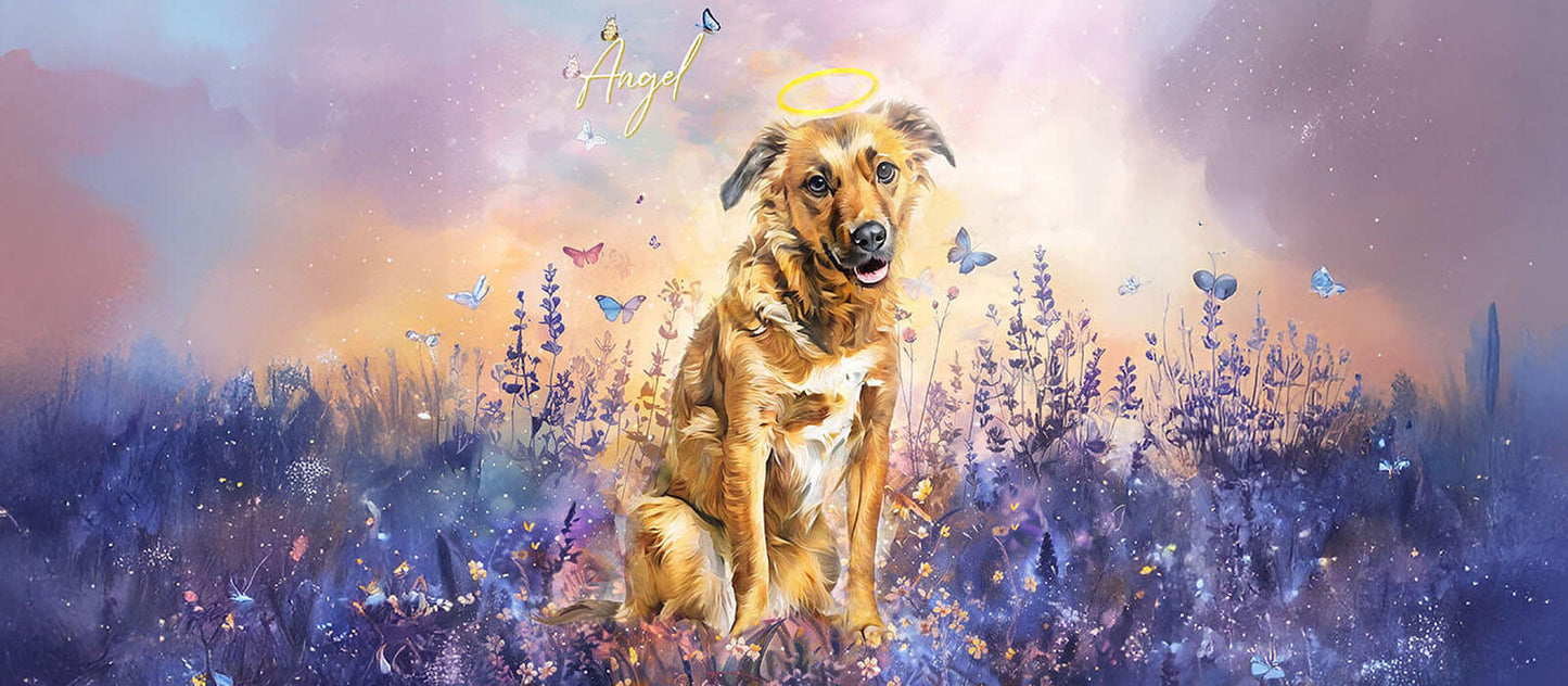 Dog with a halo surrounded by butterflies and flowers in a colorful background