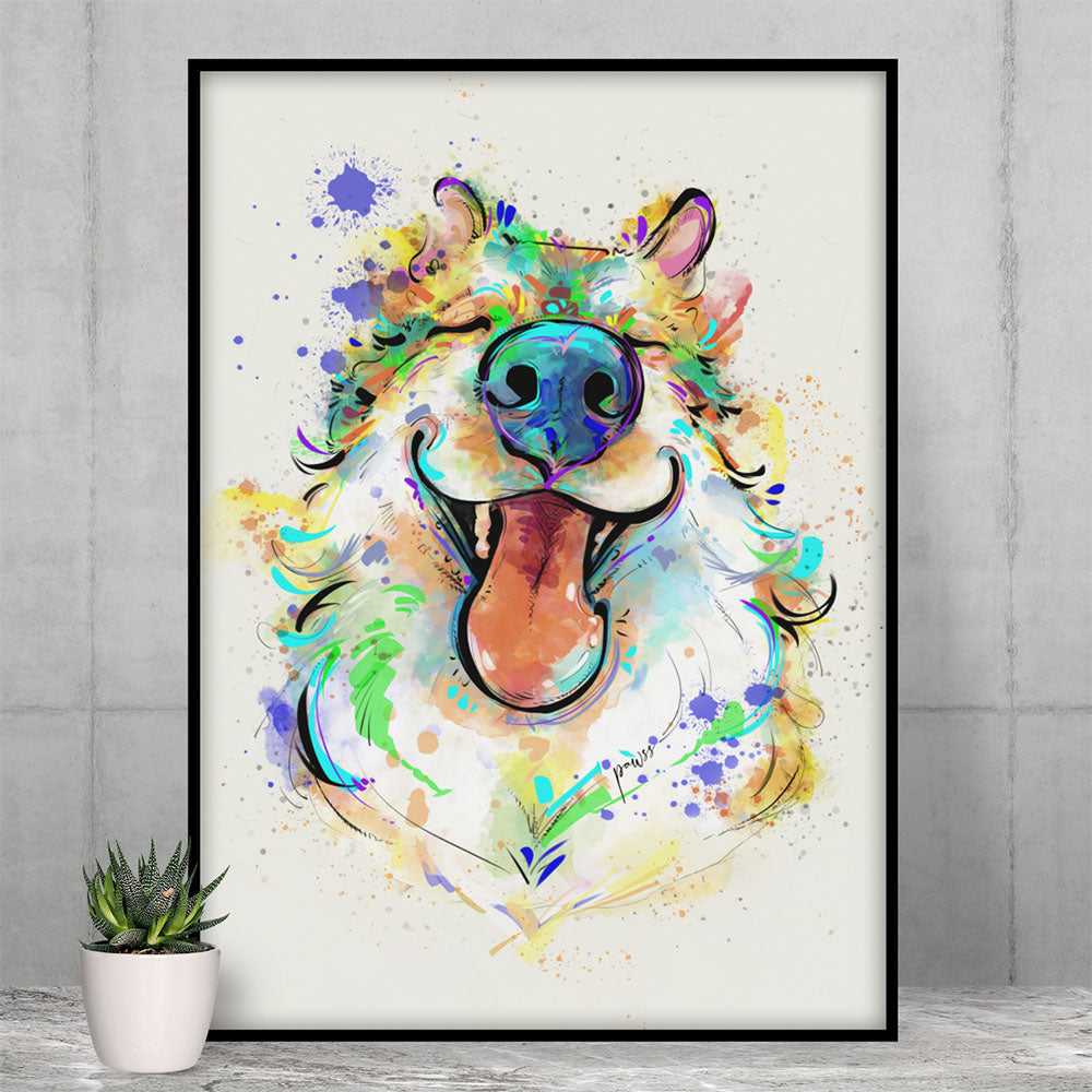 Colorful abstract art print of a dog's face on a white background, framed and leaning against a gray wall.