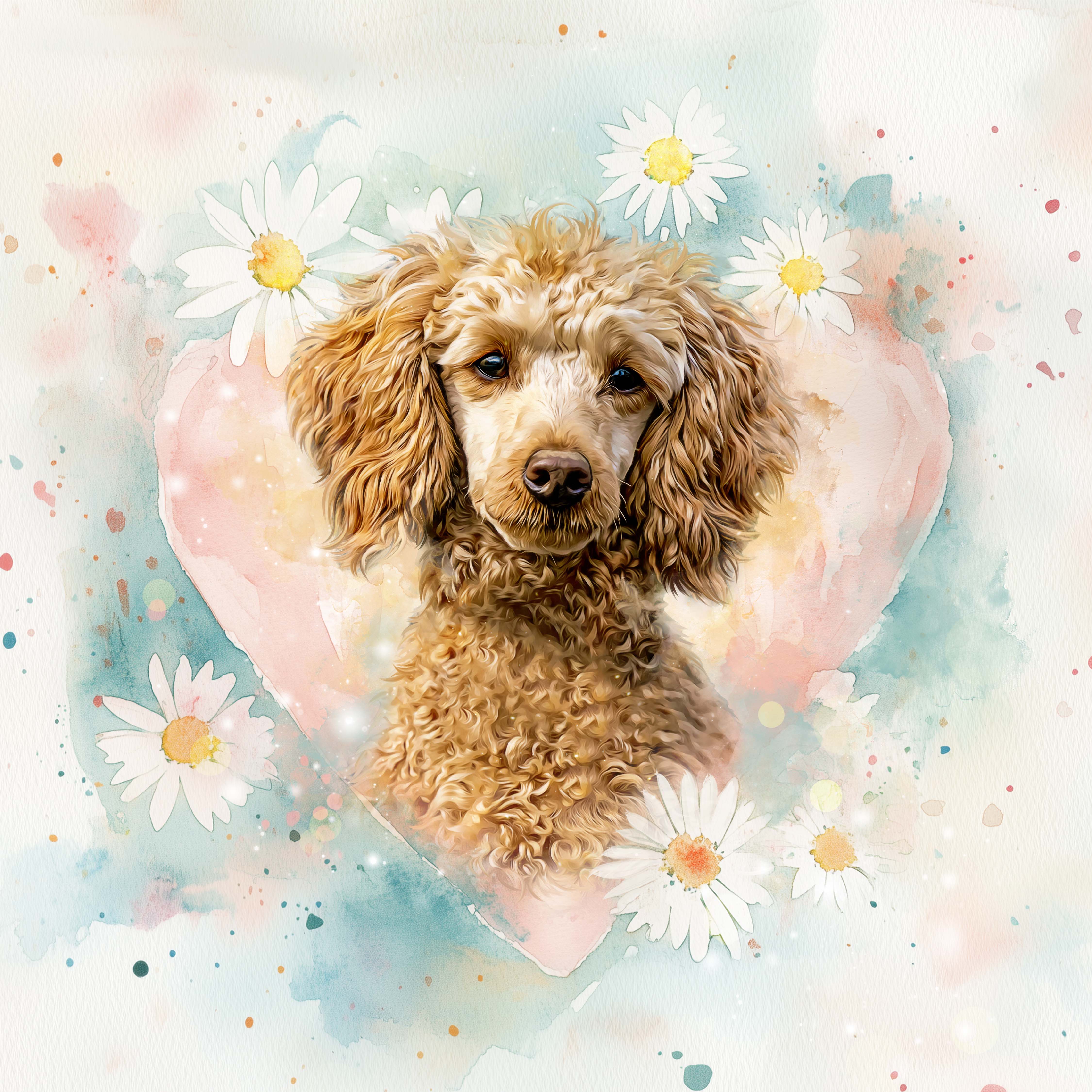 Poodle custom watercolor pet portrait of FurEver Love style in soft neutral colors