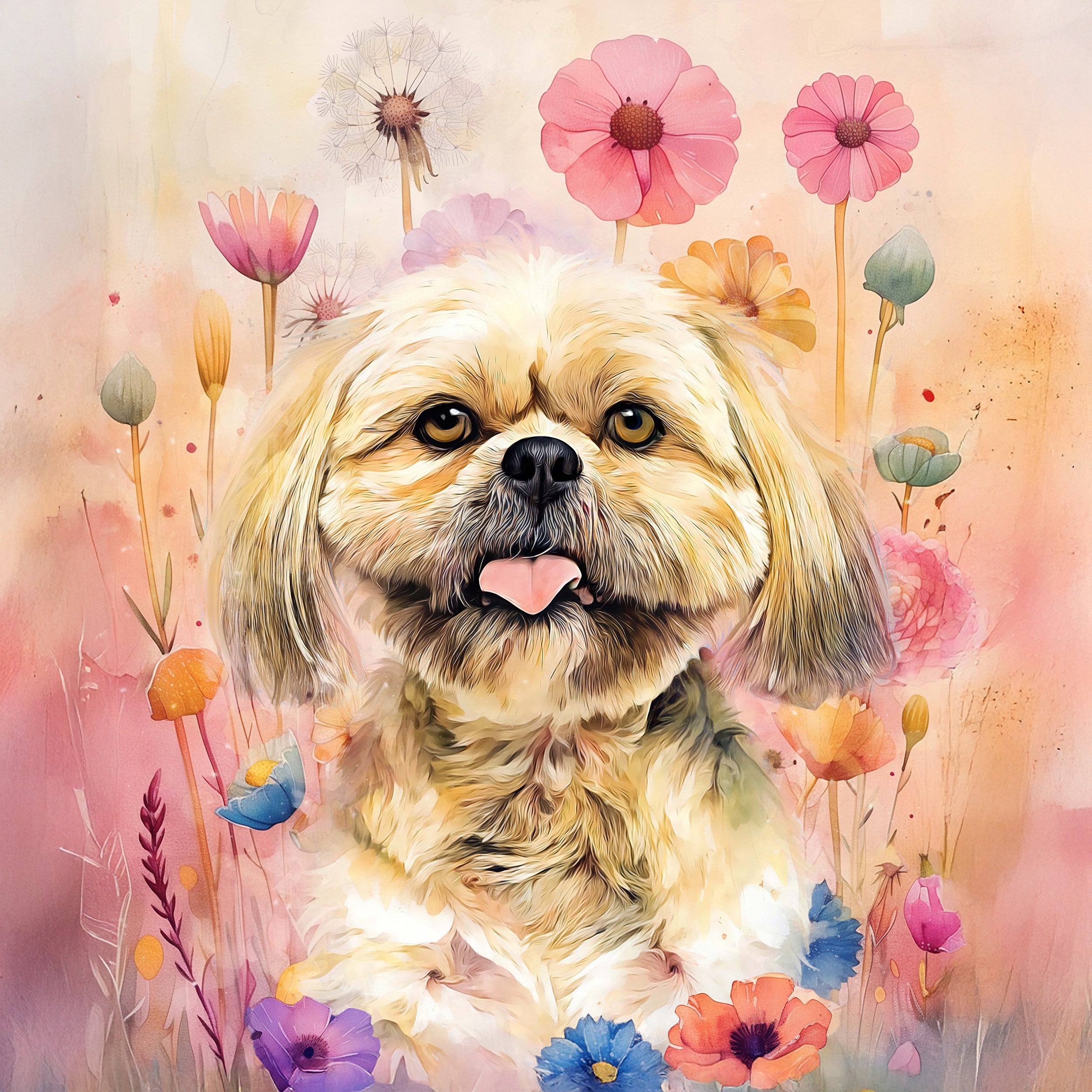 shih tzu custom watercolor pet portrait of blossomtails style in floral background