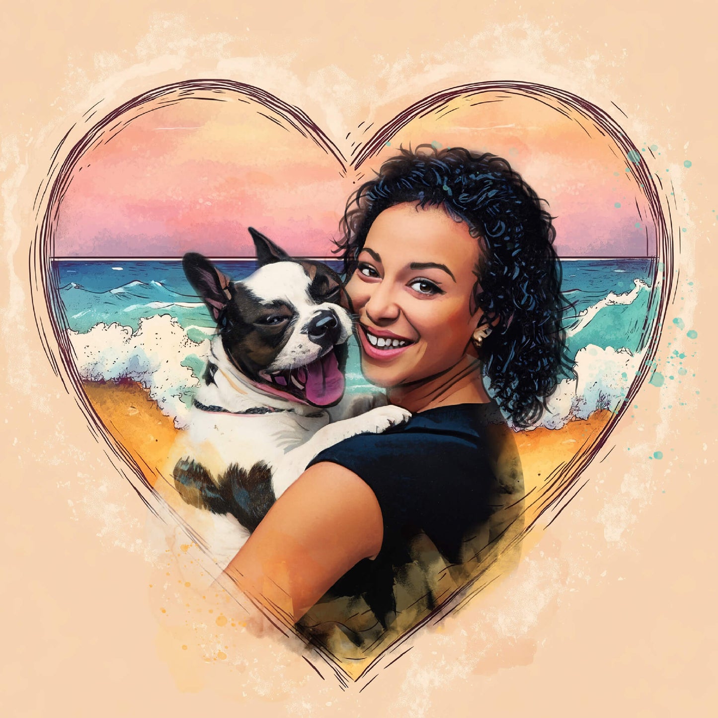 Woman holding a dog with a heart-shaped frame over a beach scene