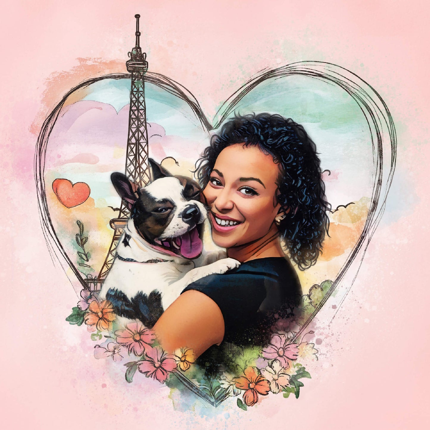 Illustration of a woman holding a dog with the Eiffel Tower in the background, framed by a heart shape.