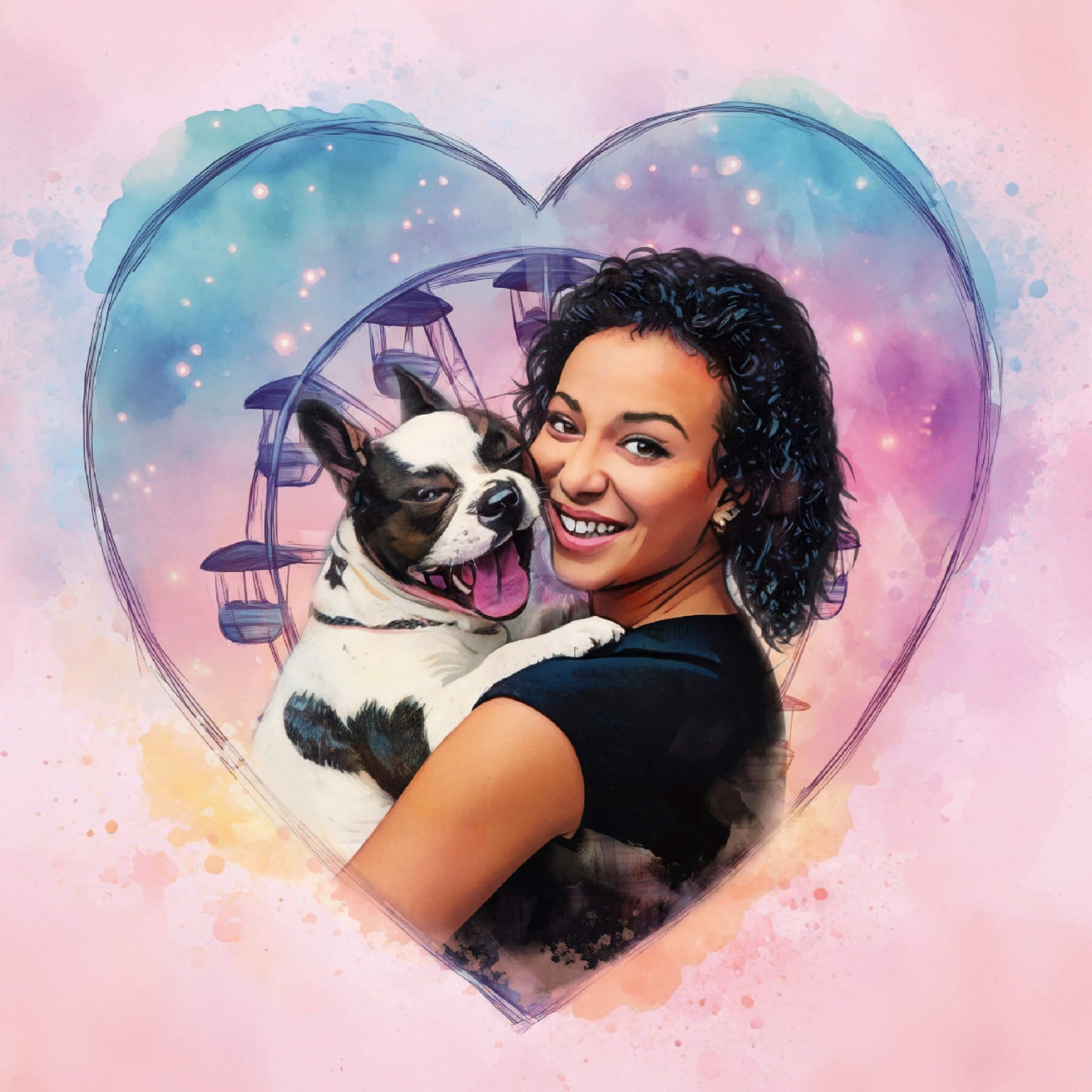 Woman holding a dog with a heart-shaped frame and colorful background