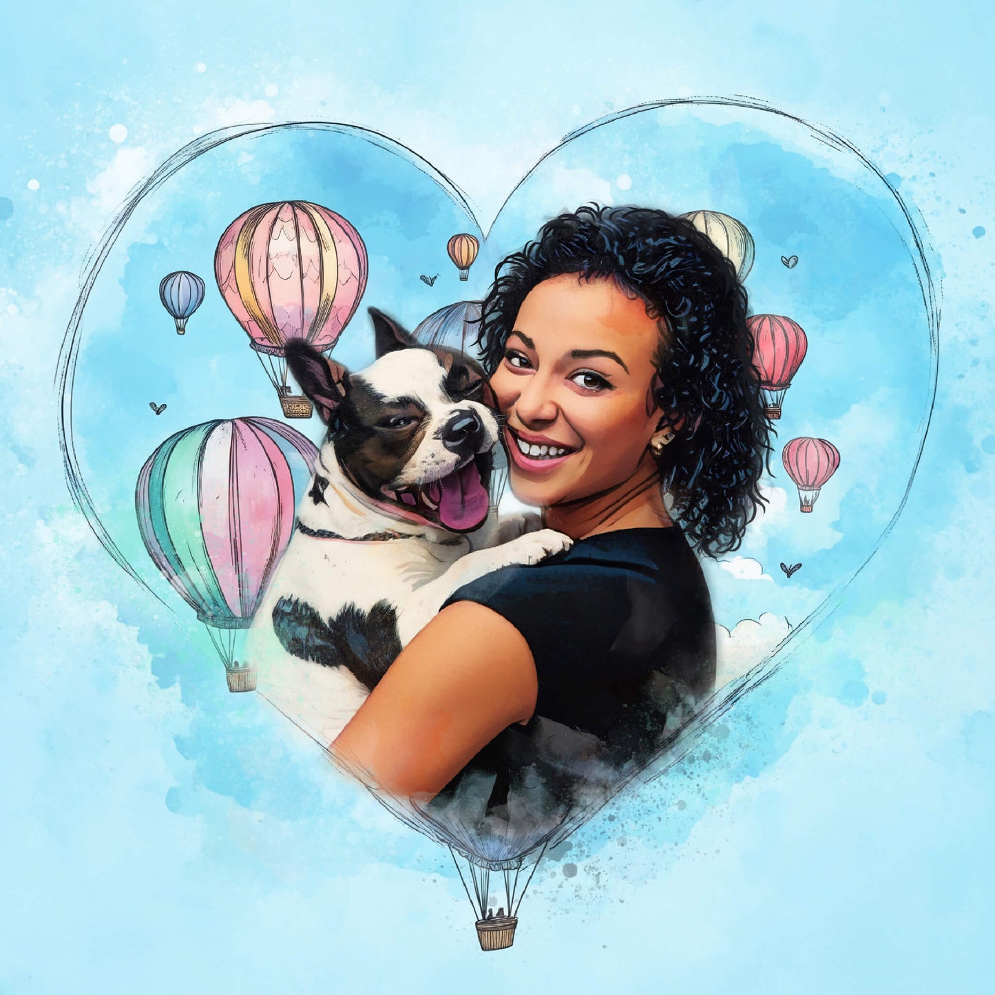 Woman holding a dog with hot air balloons in the shape of a heart on a blue background