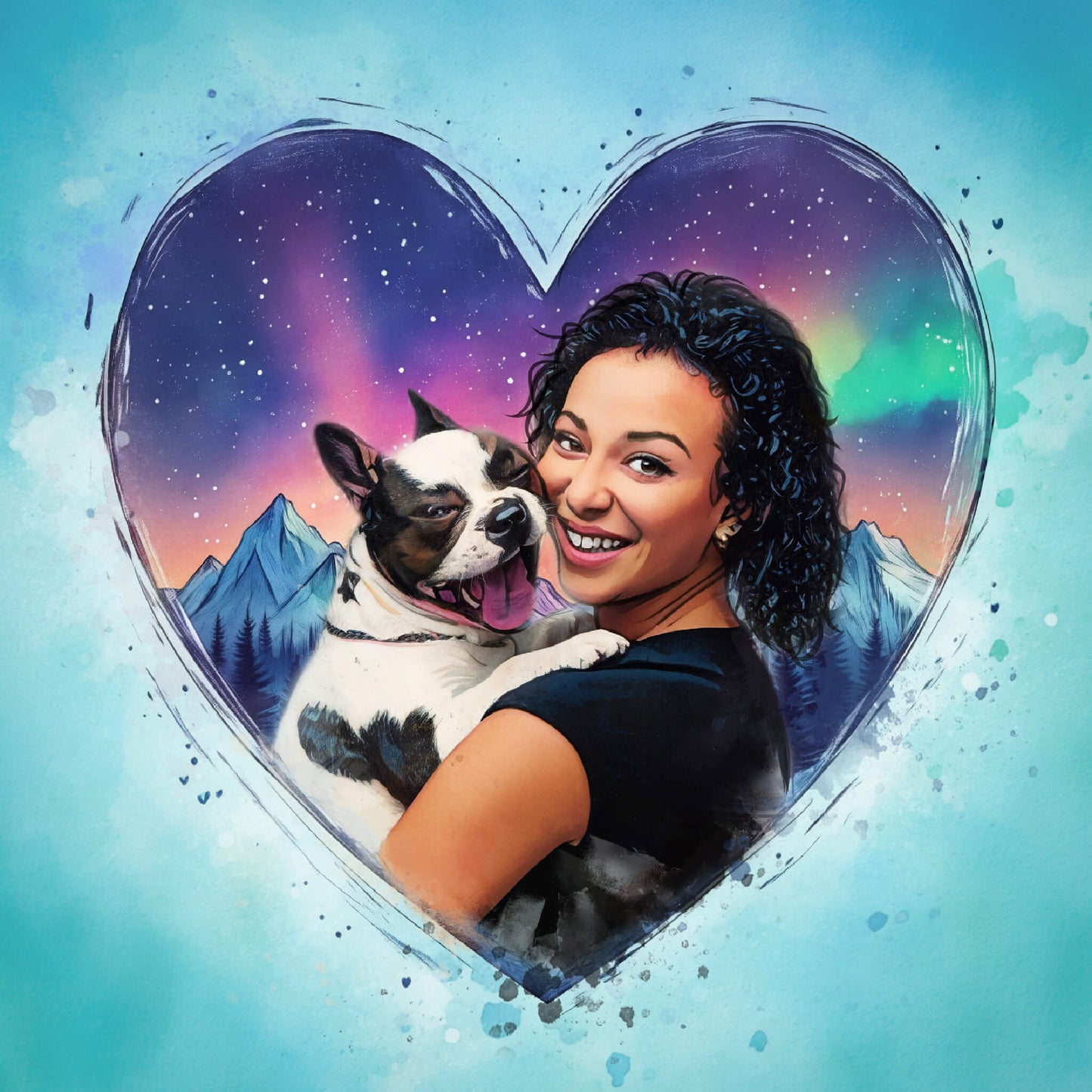 Woman holding a dog with a heart-shaped frame against a colorful mountain background