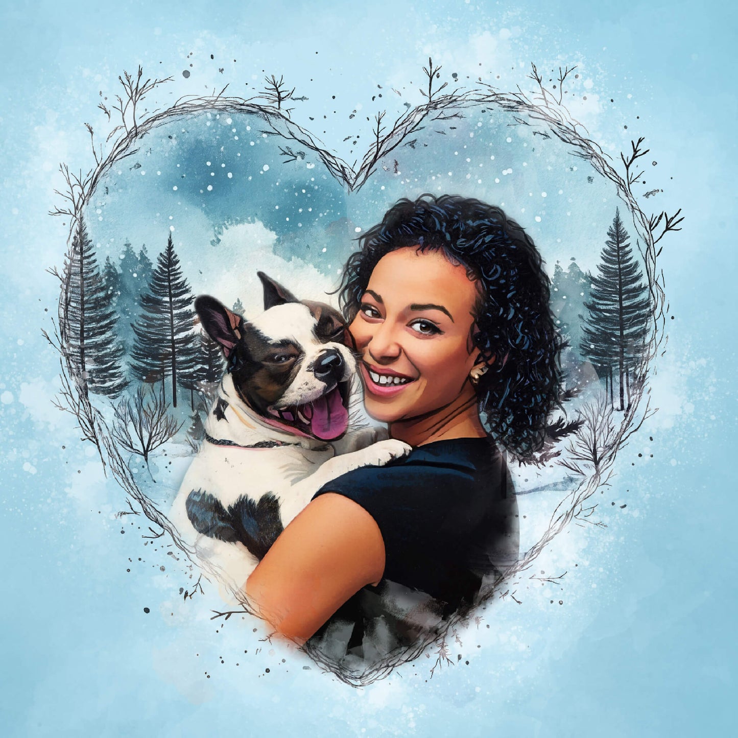 Woman holding a dog with a heart-shaped frame and forest background