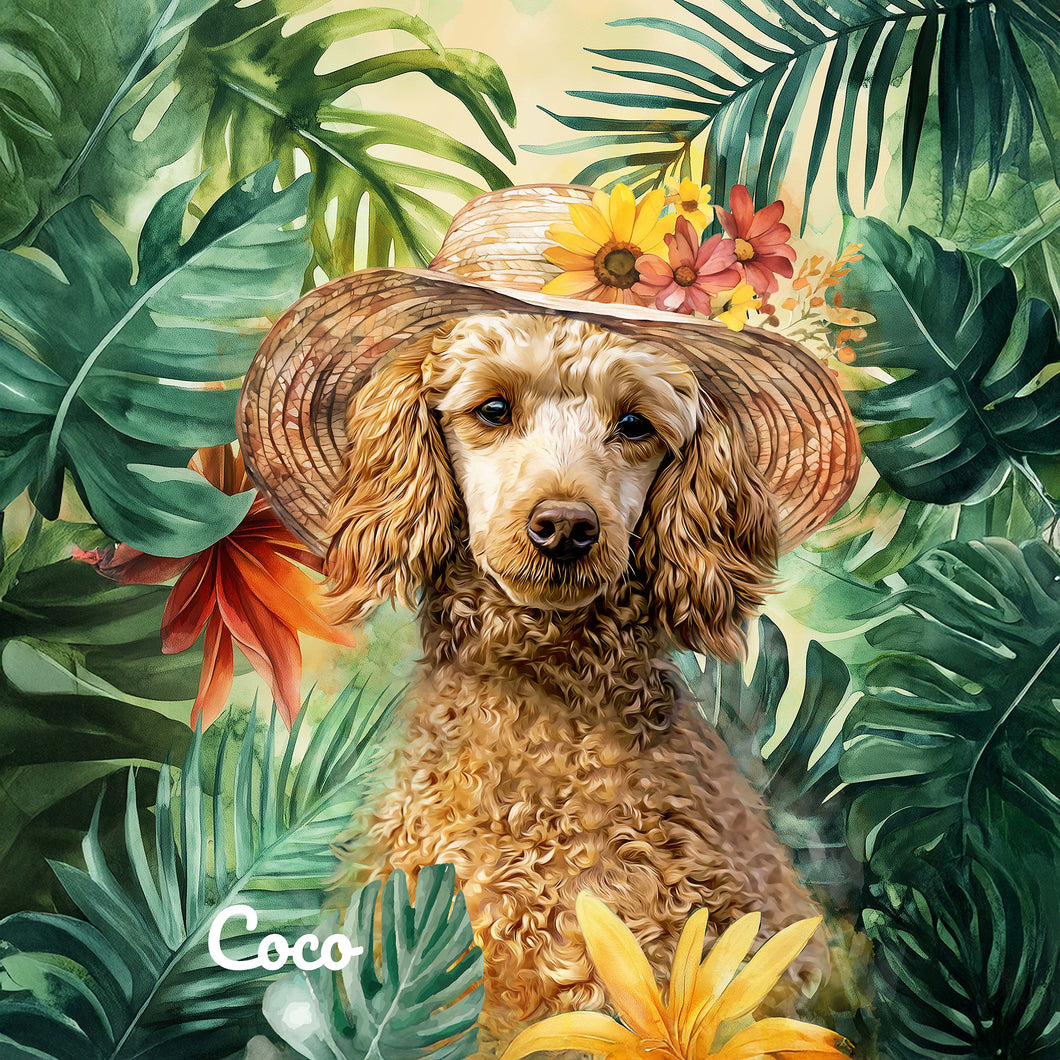 poodle custom watercolor pet portrait of SummerTime style with tropical elements