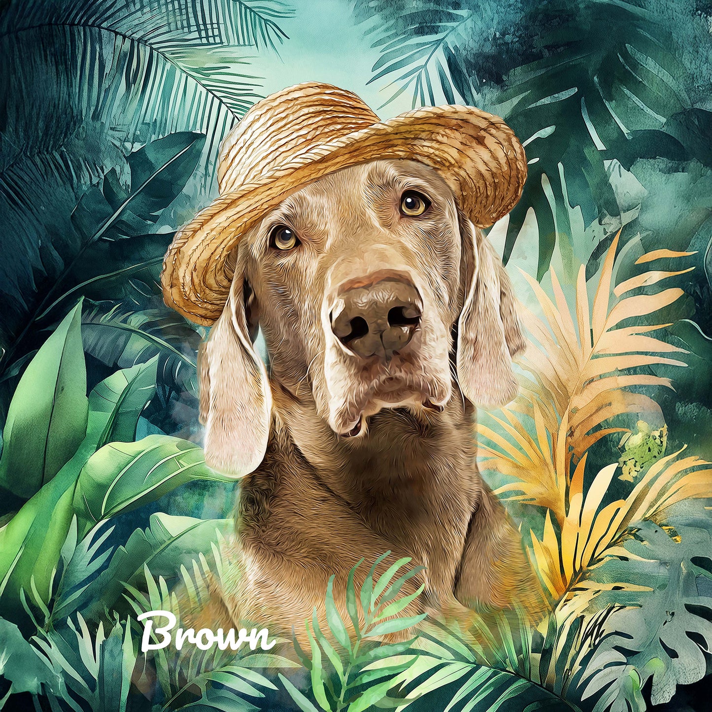 weimaraner custom watercolor pet portrait of SummerTime style with tropical elements